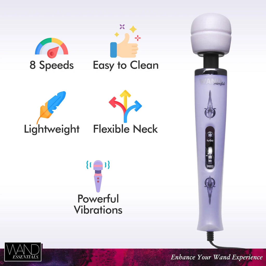 Wand Essentials 8-Speed Turbo Pearl Wand Massager in purple, shown with icons highlighting features like 8-speed control.