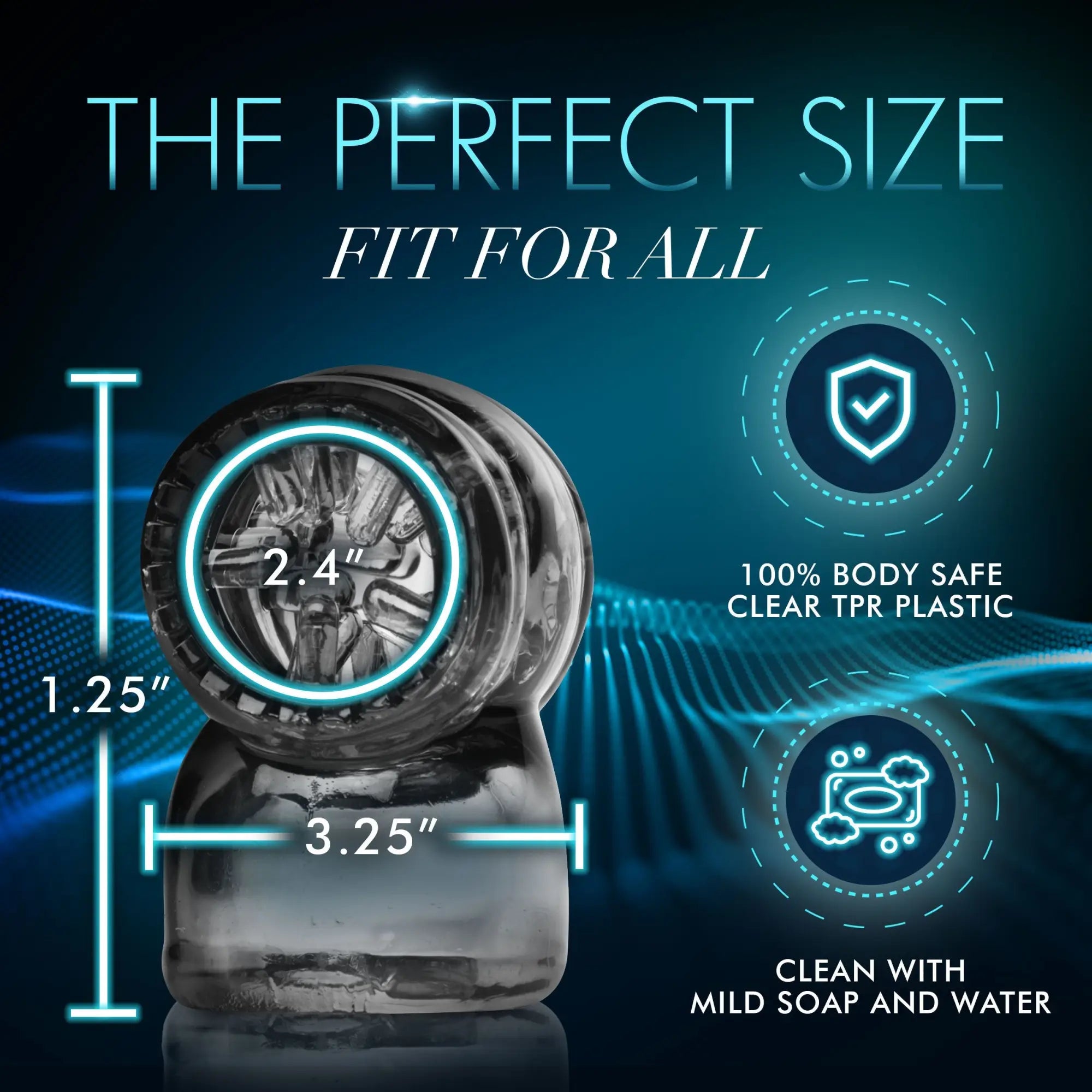 Wand Essentials Black Vibra Cup attachment, a clear, textured silicone cup with measurement callouts on blue background.