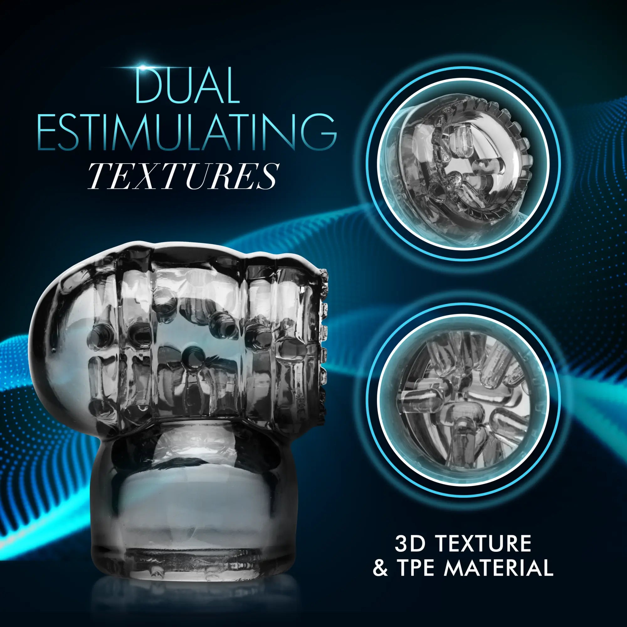 Wand Essentials Black Vibra Cup attachment in translucent black, showing dual 3D textures and TPE material.