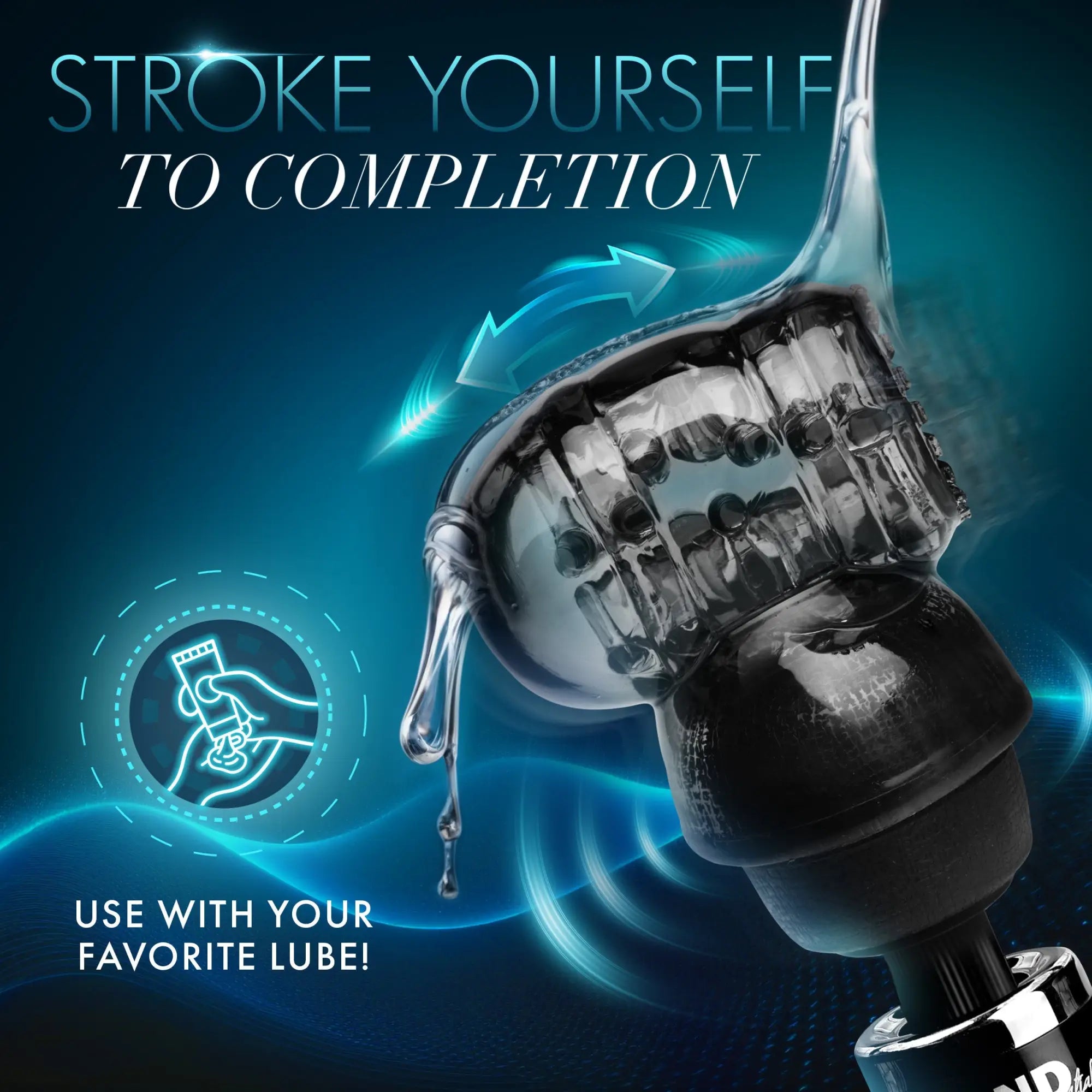 Wand Essentials Black Vibra Cup attachment, a textured silicone sleeve with lubricant, shown on a dark teal background.