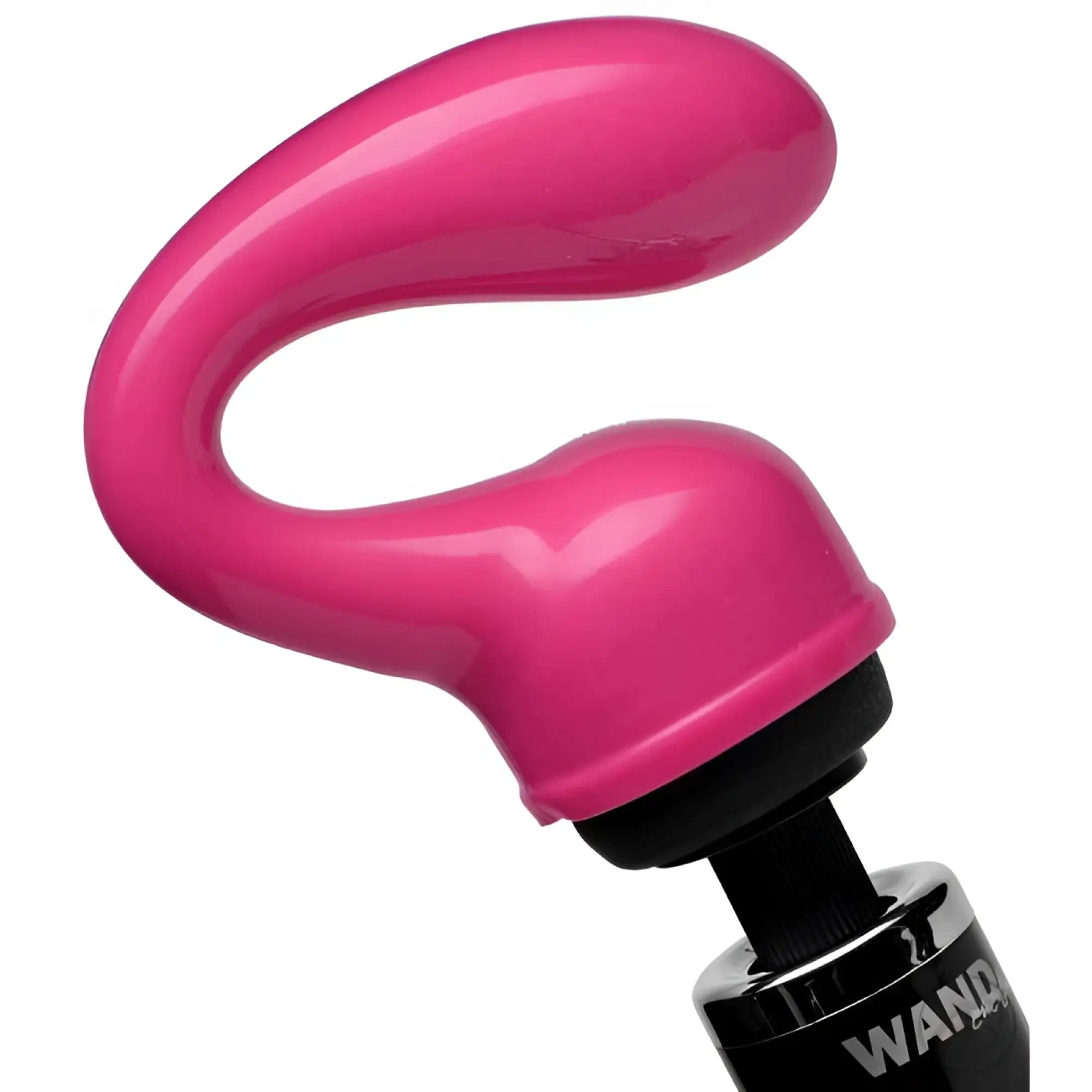 Wand Essentials Deep Glider: A curved, bright pink silicone prostate massage attachment fitted onto a black wand base.
