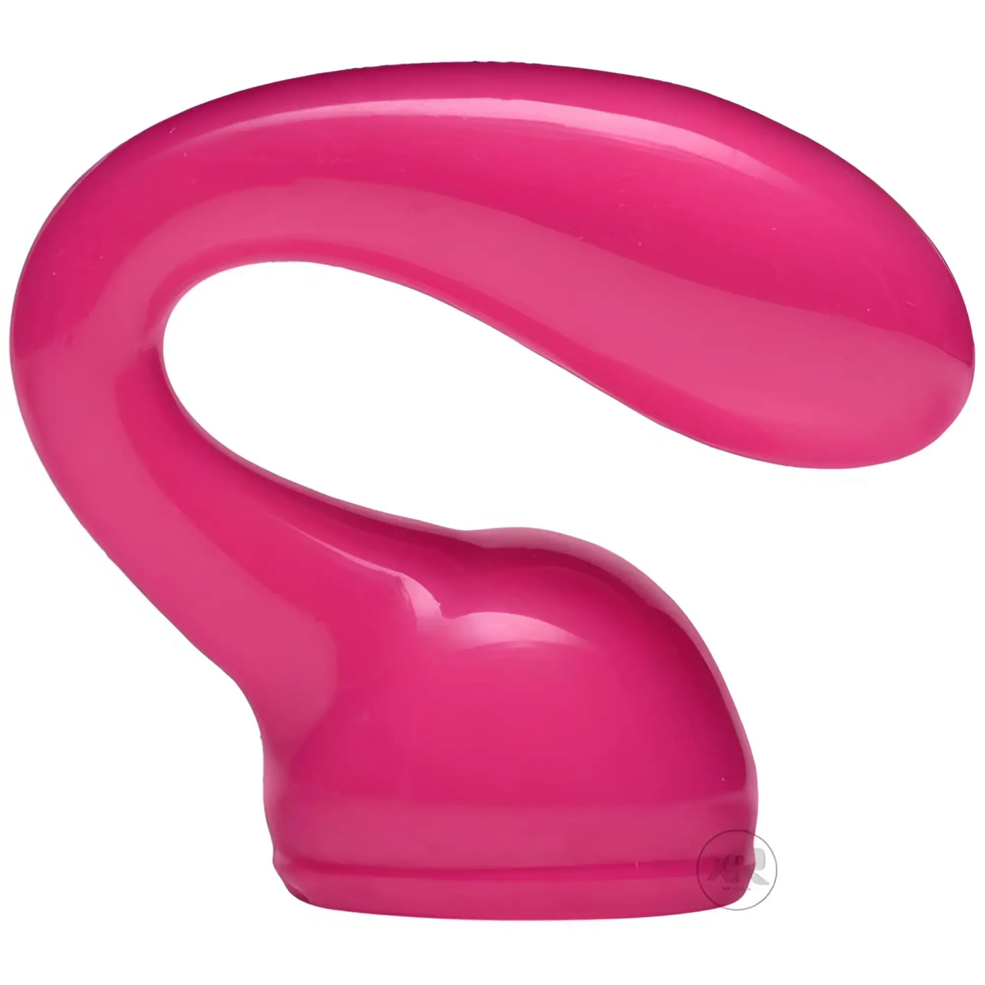 Bright pink, curved silicone Wand Essentials Deep Glider prostate massage wand attachment against a white background.