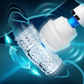 Wand Essentials Firm masturbation sleeve: a clear, textured silicone attachment fitted onto a white wand massager.