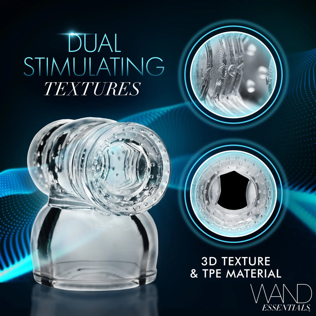 Wand Essentials Firm masturbation sleeve in clear TPE, featuring internal 3D textures in a blue-themed digital graphic.