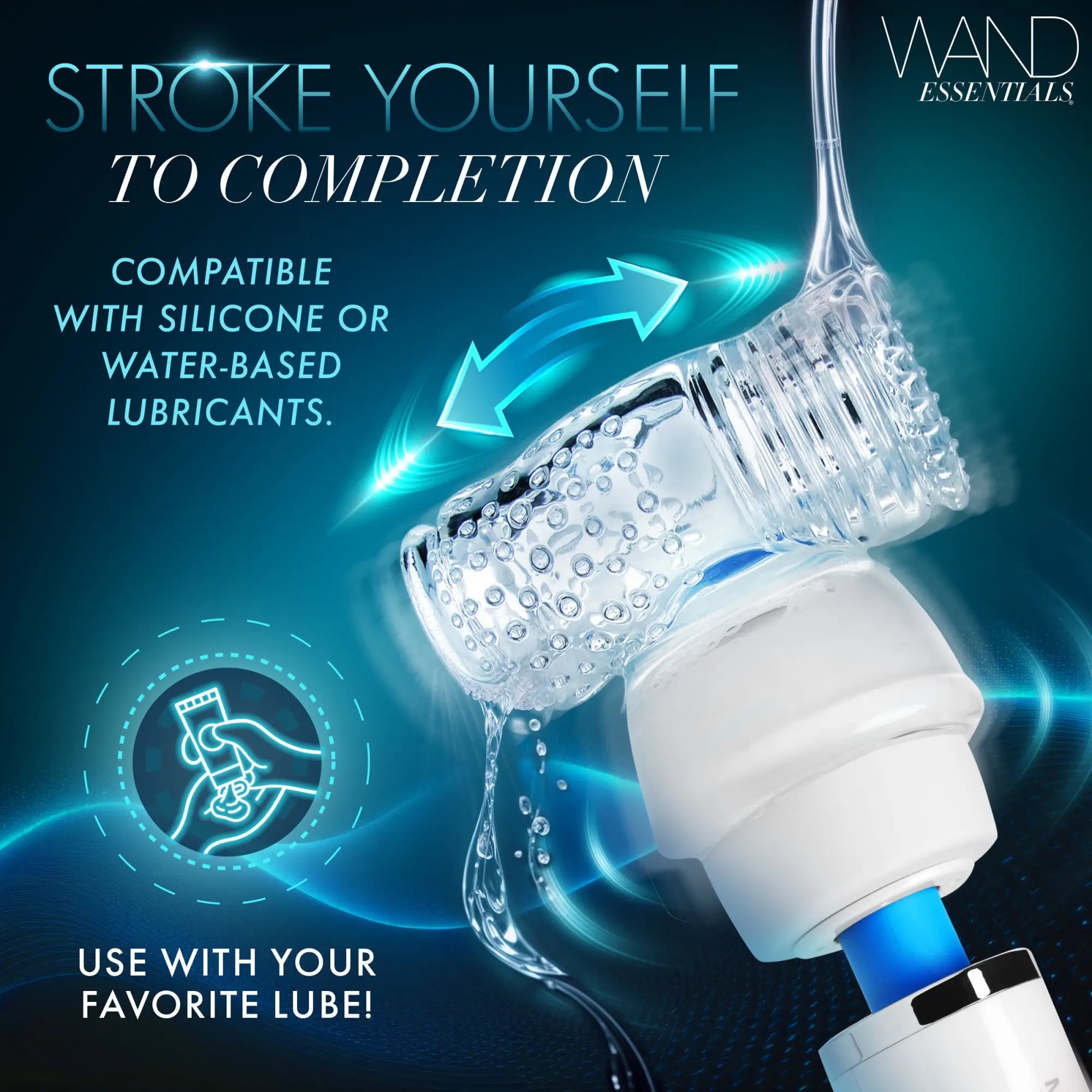 Wand Essentials Firm Masturbation Sleeve in clear, textured silicone attached to a wand massager on a blue background.