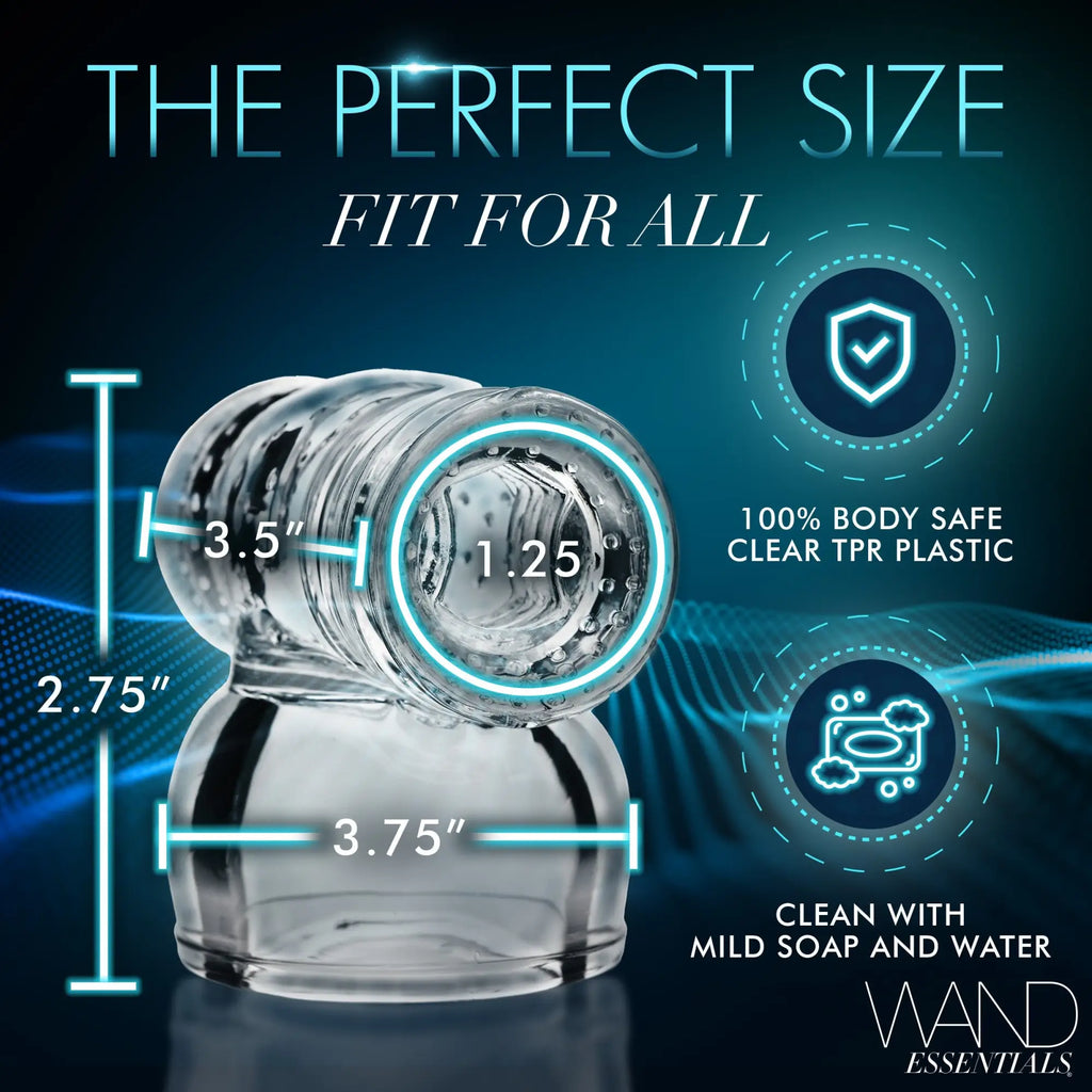 Wand Essentials clear TPR massager sleeve with product dimensions, safety icons, and cleaning instructions.