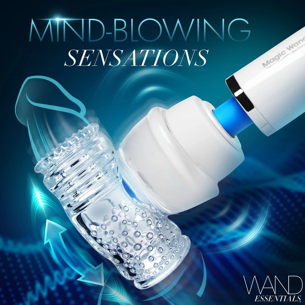 Wand Essentials Firm Masturbation Sleeve in clear, textured silicone attached to a white magic wand massager.