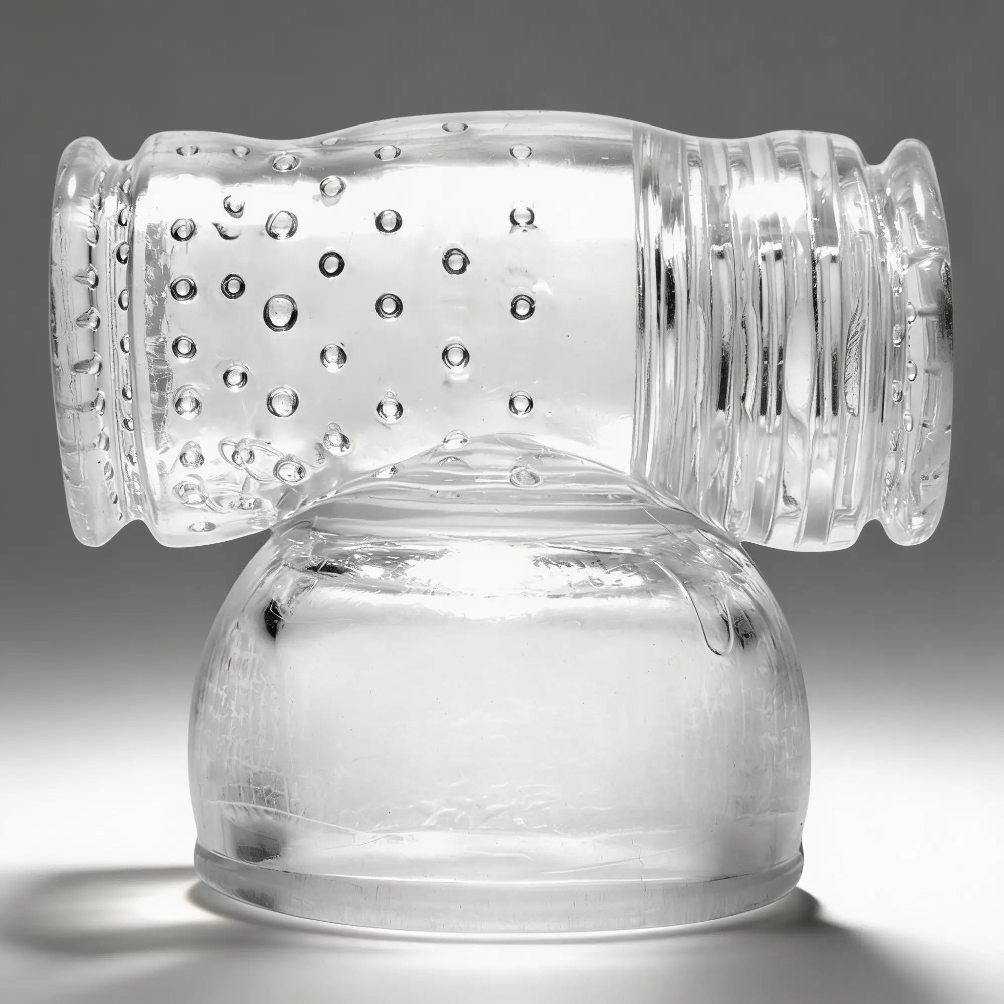 Wand Essentials clear, soft silicone massager sleeve with textured ridges and dots, shown on a rounded base.