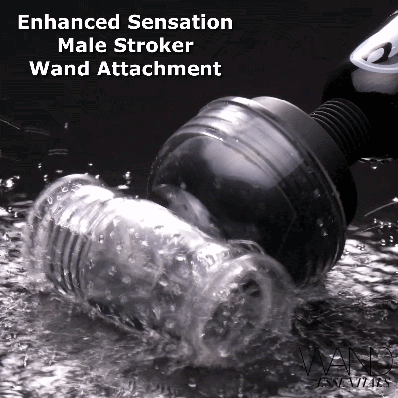 Clear Wand Essentials masturbation sleeve attachment for wand massagers, shown in water with a black base.