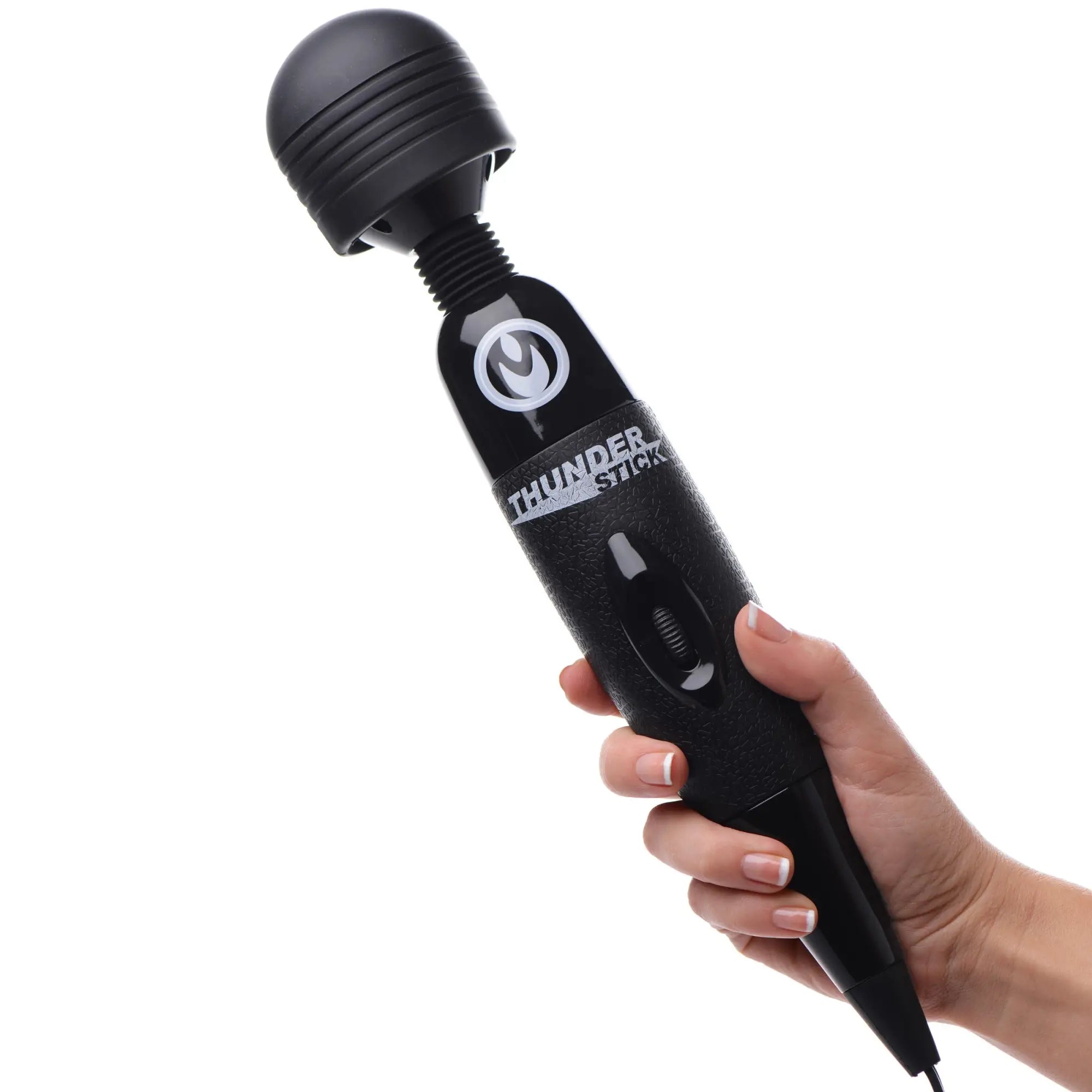 Wand Essentials Thunder Stick: A black, corded handheld vibrating massager held in a hand against a white background.