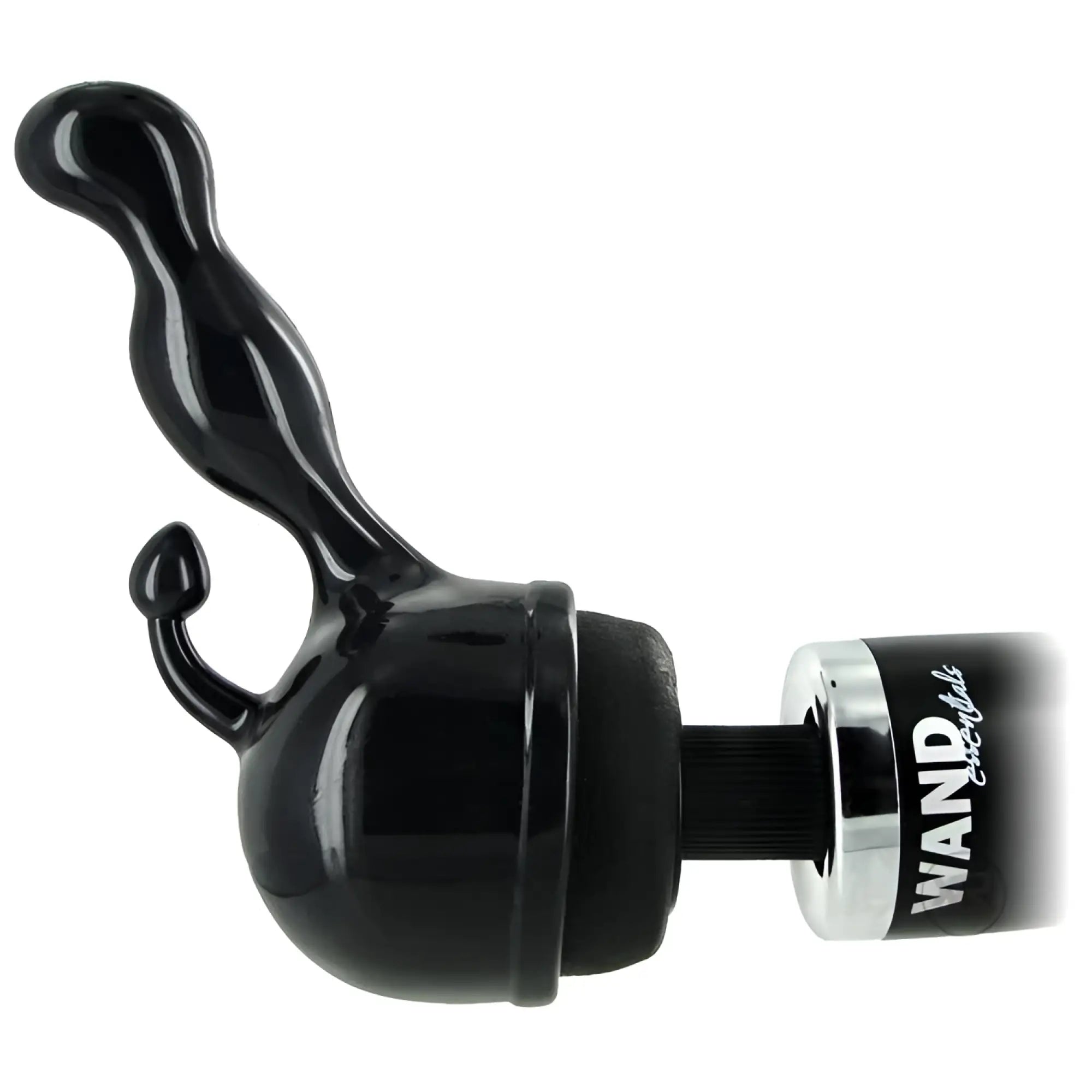 Wand Essentials Prostate Wand Attachment: black, dual-pronged silicone attachment for a wand massager.