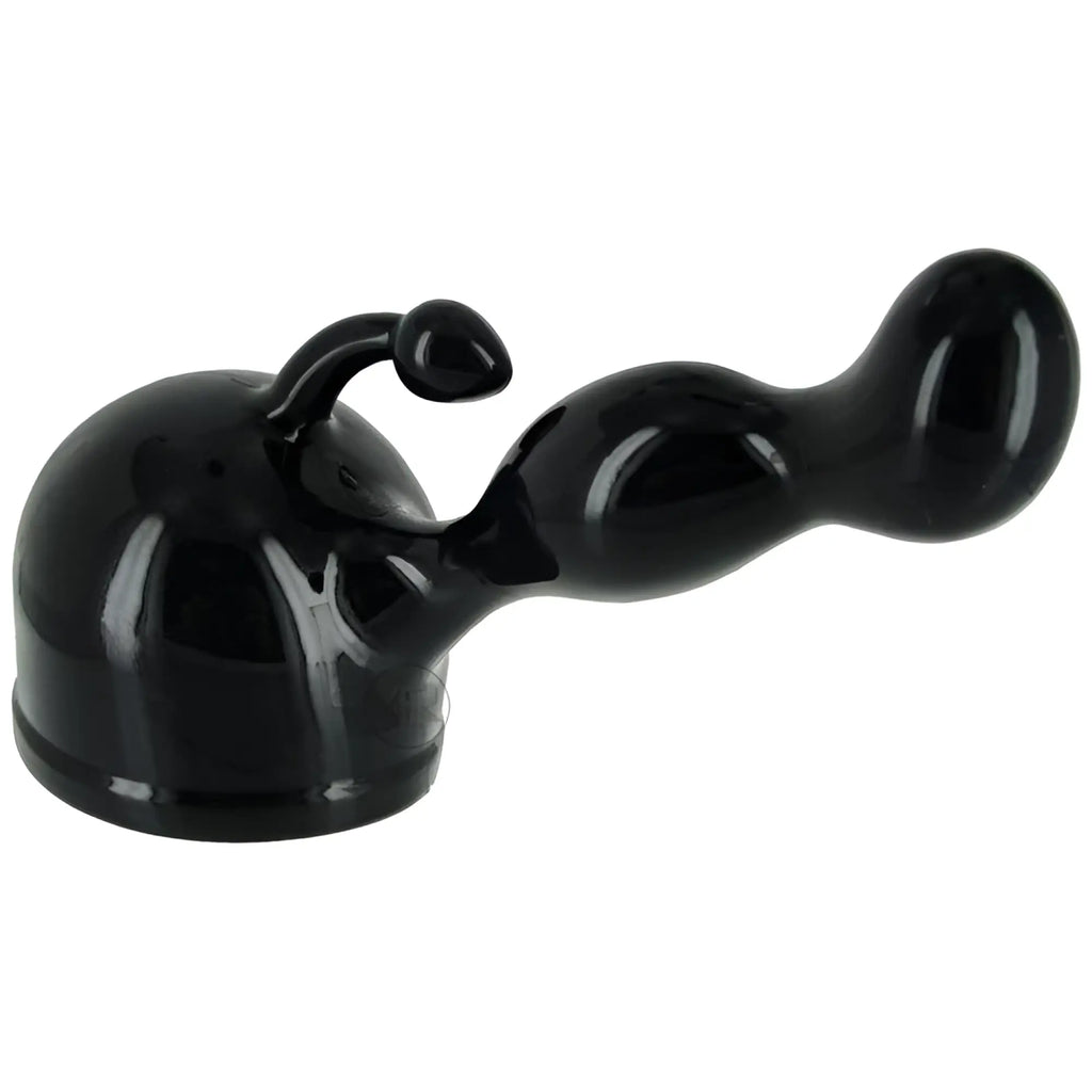 Wand Essentials The Prostate Wand Attachment: A shiny black silicone dual-ended prostate massager with a curved tip.