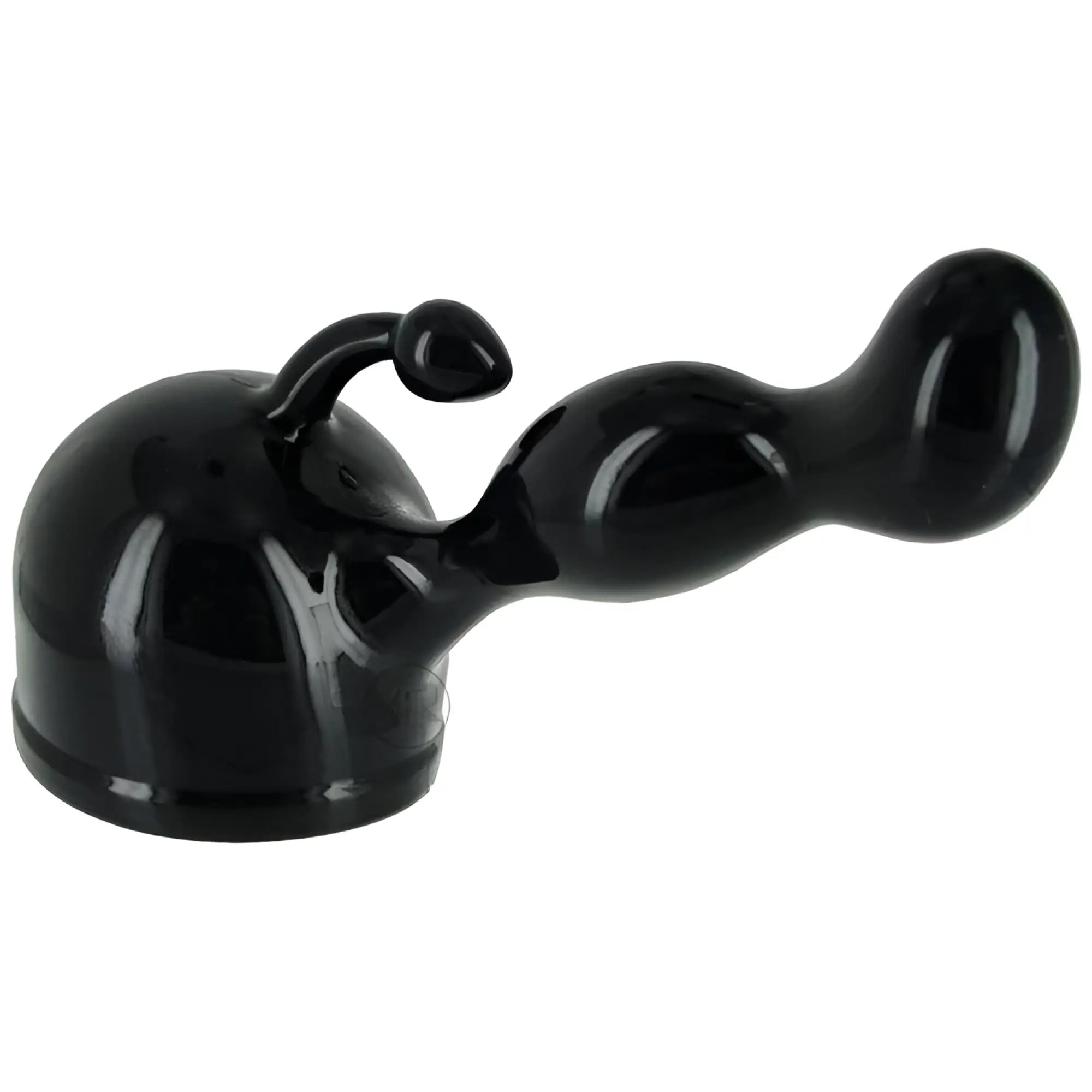 Wand Essentials The Prostate Wand Attachment: A shiny black silicone dual-ended prostate massager with a curved tip.