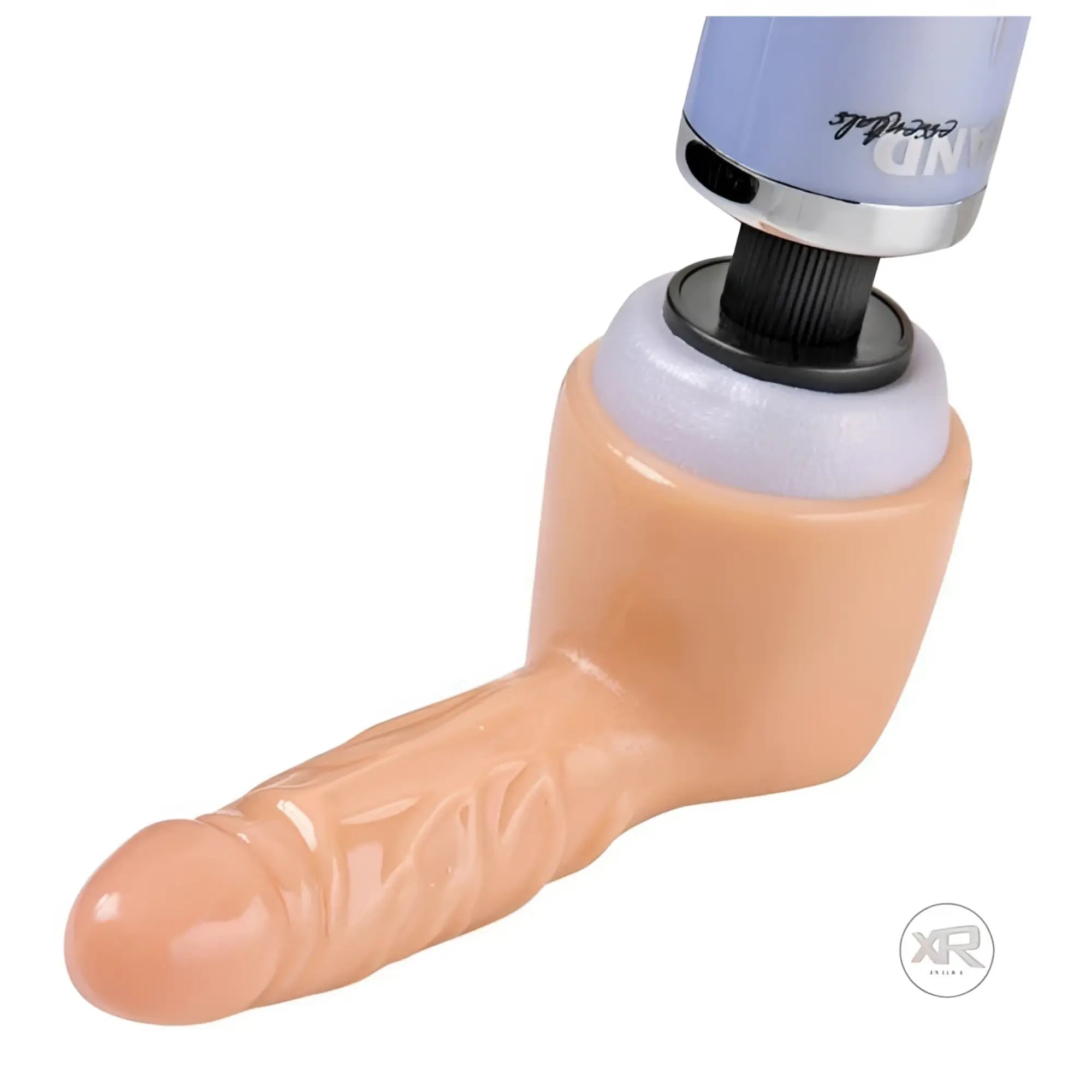 Wand Essentials Realistic Penis Attachment in beige, featuring a textured design attached to a lavender massage wand.