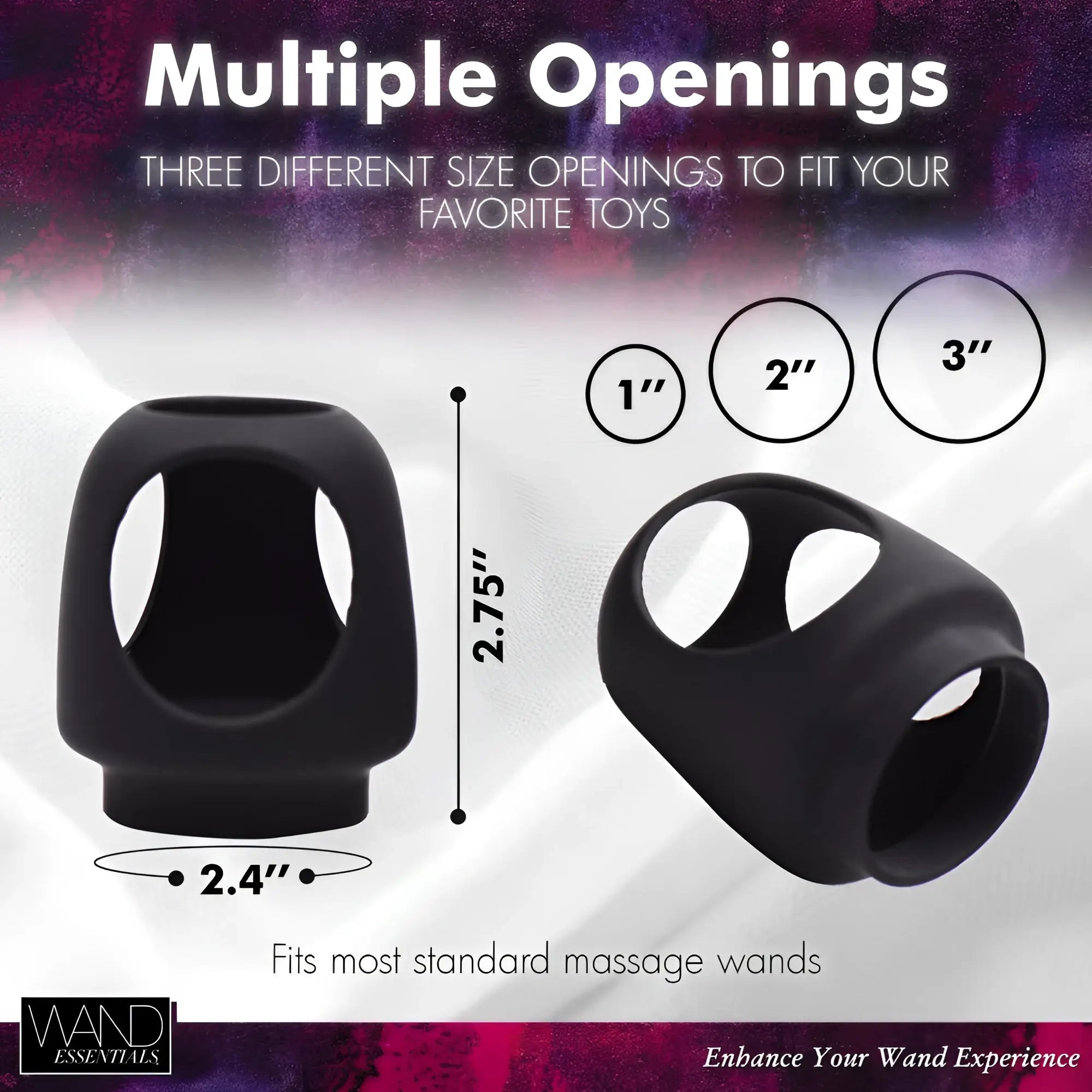 Two black silicone Wand Essentials Strap Cap harnesses shown with dimension labels for openings of 1, 2, and 3 inches.