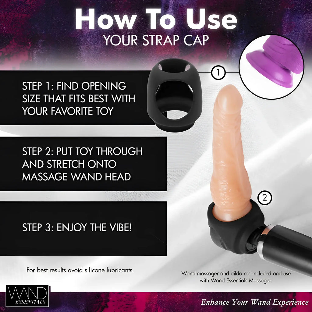 Wand Essentials Strap Cap instructional graphic showing a black silicone harness connecting a dildo to a wand massager.