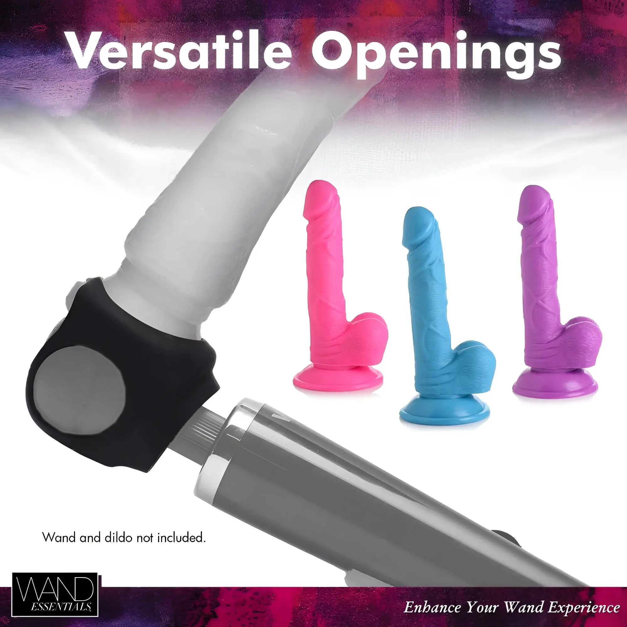 Wand Essentials Strap Cap harness in black, showing how it attaches a dildo to a wand massager.