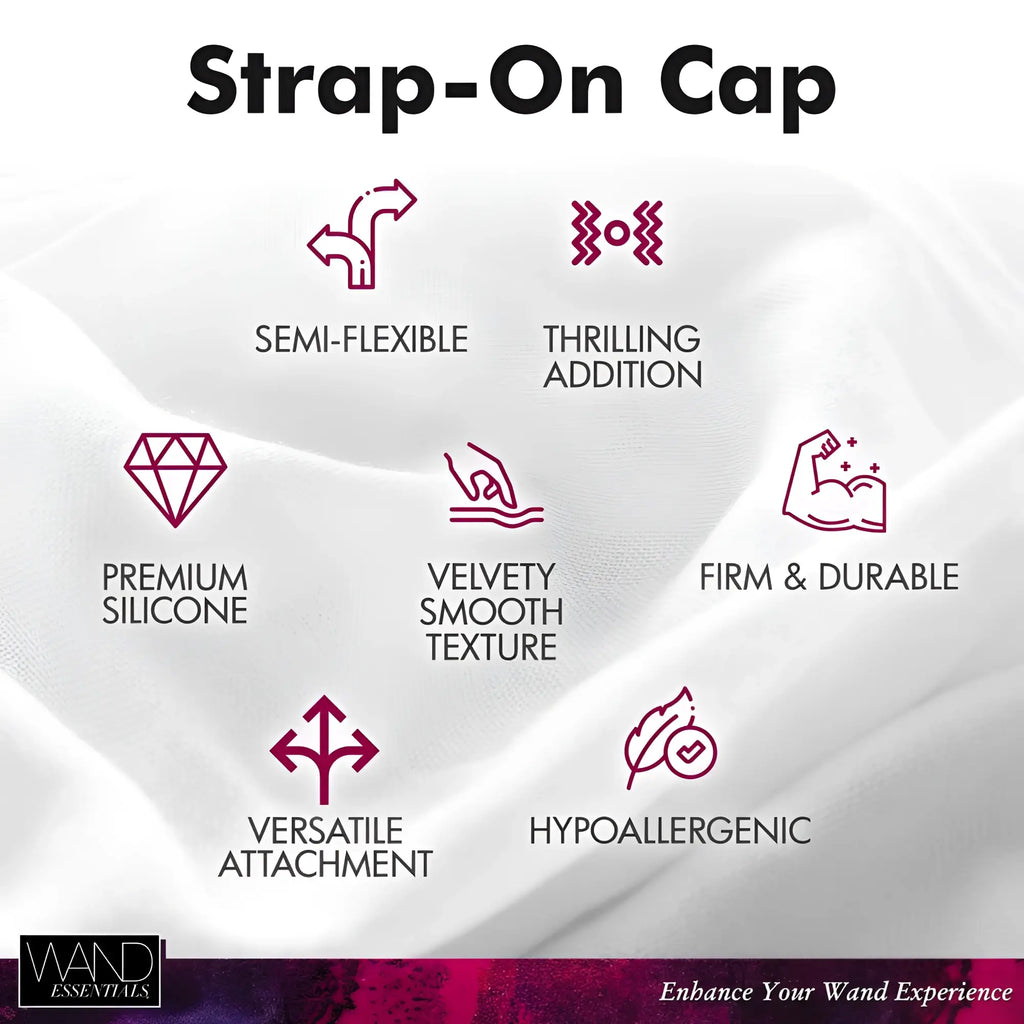 Wand Essentials Strap Cap features icons highlighting silicone, durability, and versatility on a white fabric background.