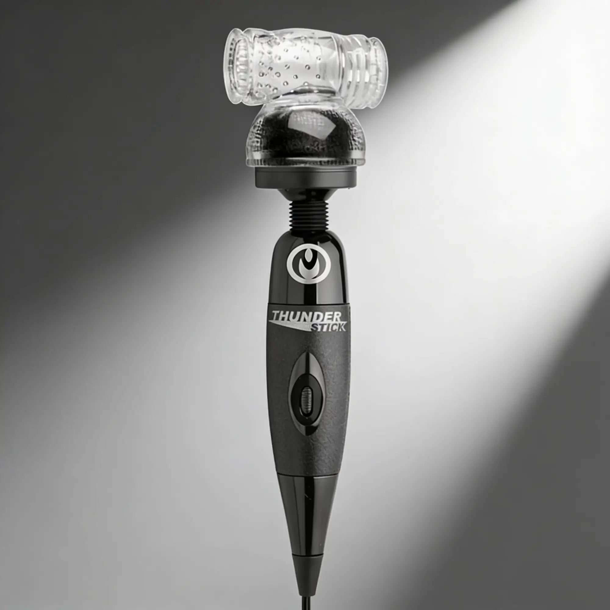 Wand Essentials Super Charged Thunder Stick masturbation kit with a black handle and clear textured silicone attachment.
