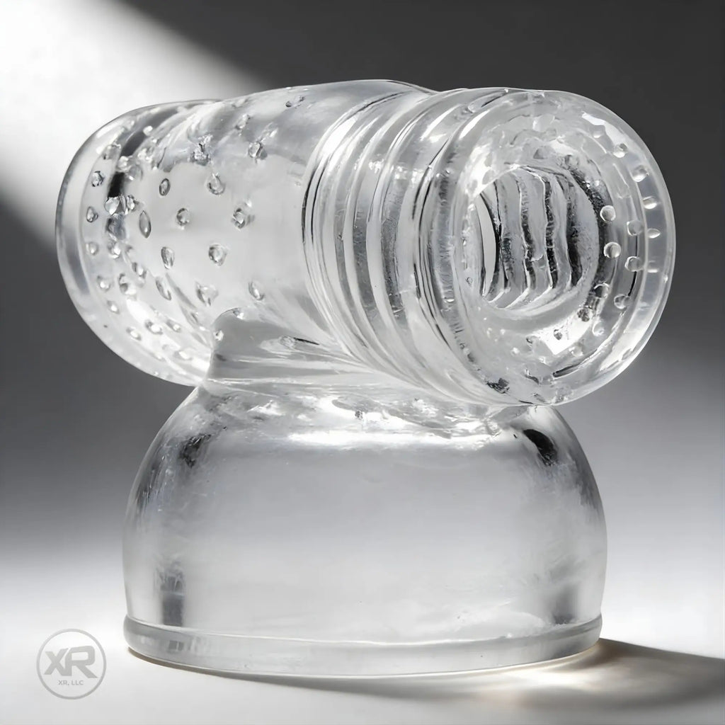 Wand Essentials Super Charged Wand Masturbation Kit: a clear, textured, cylindrical silicone sleeve on a sturdy base.