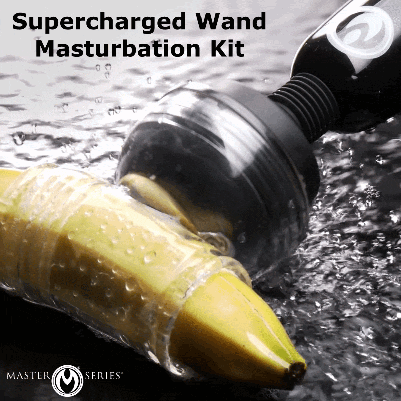 Wand Essentials Super Charged Wand Kit featuring a black massager head attachment on a yellow banana, in water.