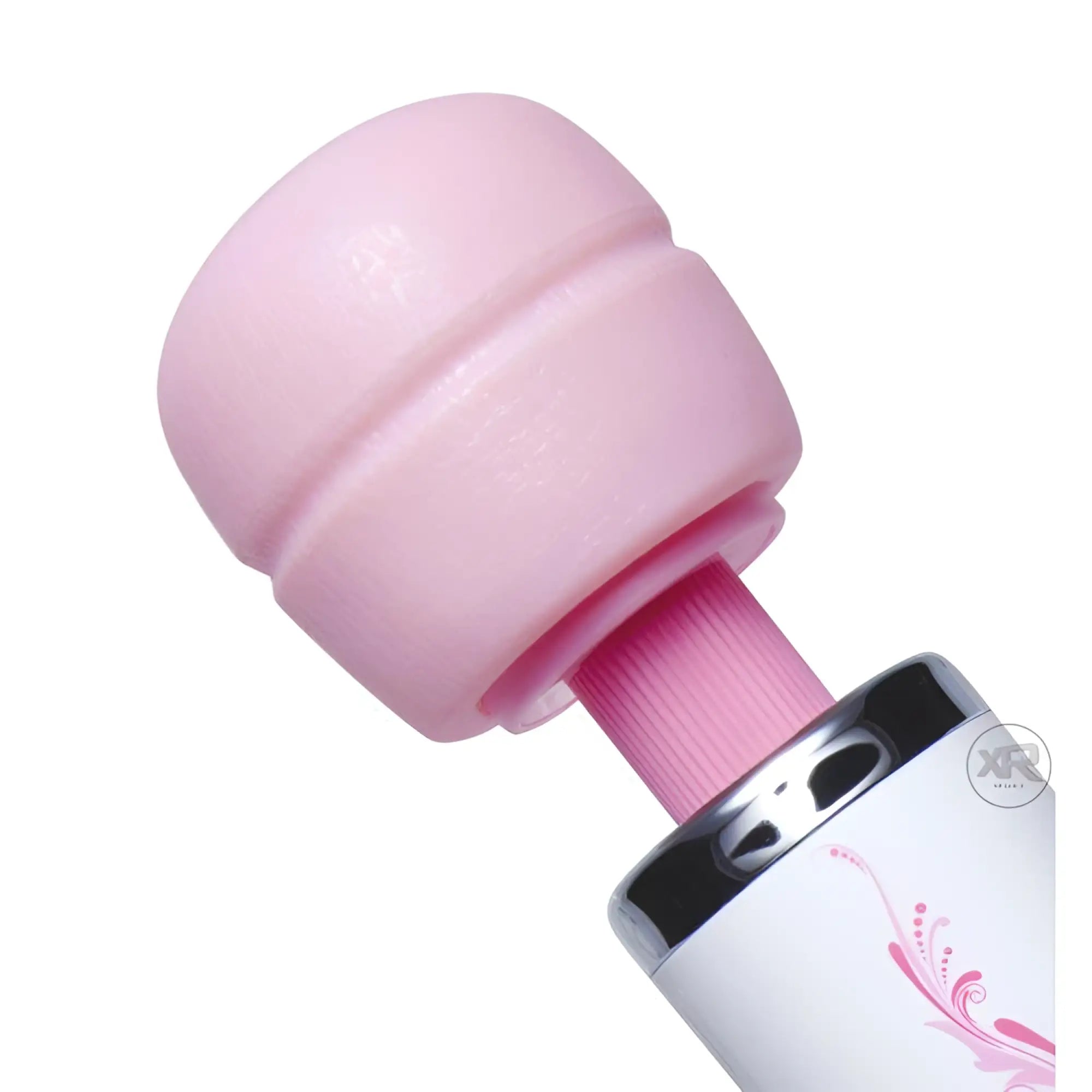 Wand Essentials The Trinity massager: pink bulbous head, textured neck, and white handle with floral accents.