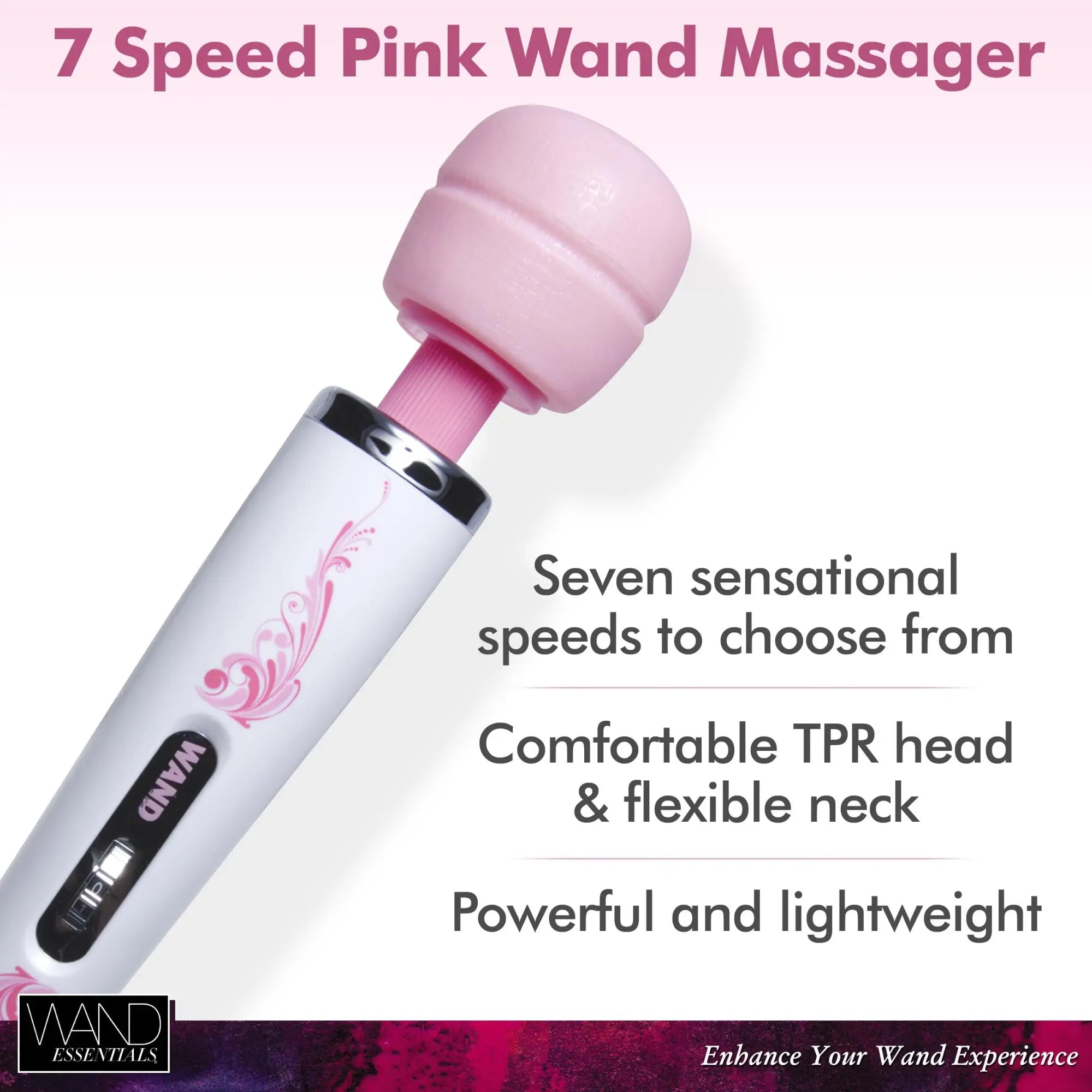 Wand Essentials The Trinity: A white wand massager with a pink, flexible head and decorative pink floral design.