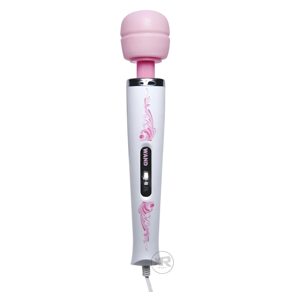 Wand Essentials The Trinity 7-Speed Wand Massager: white wand with pink floral accents and a pink silicone head.
