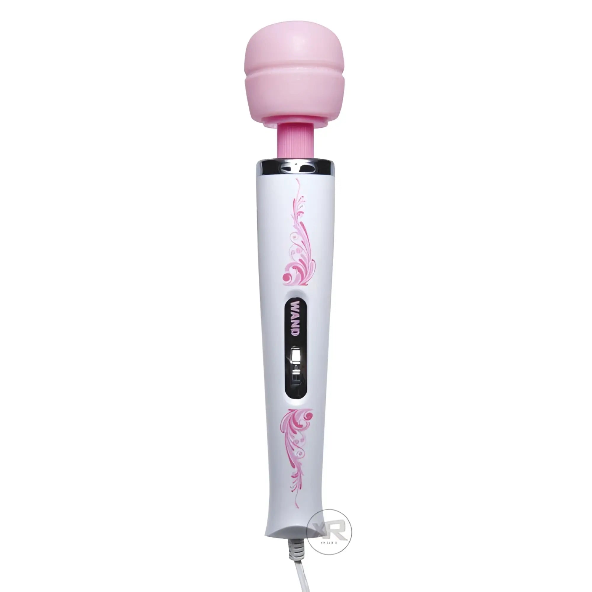 Wand Essentials The Trinity 7-Speed Wand Massager: white wand with pink floral accents and a pink silicone head.