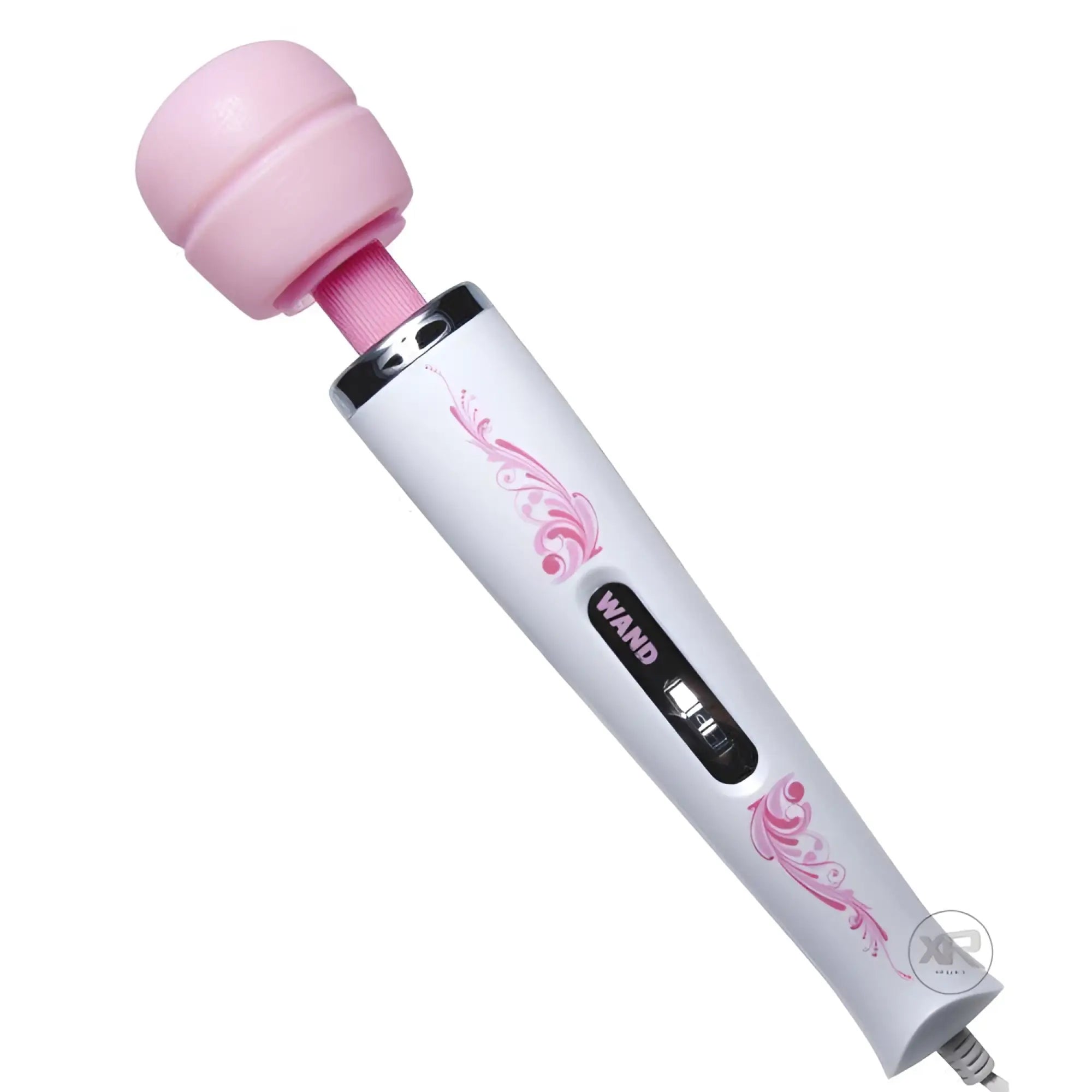 Wand Essentials The Trinity wand massager: white handle with pink floral patterns and a soft, pink silicone head.