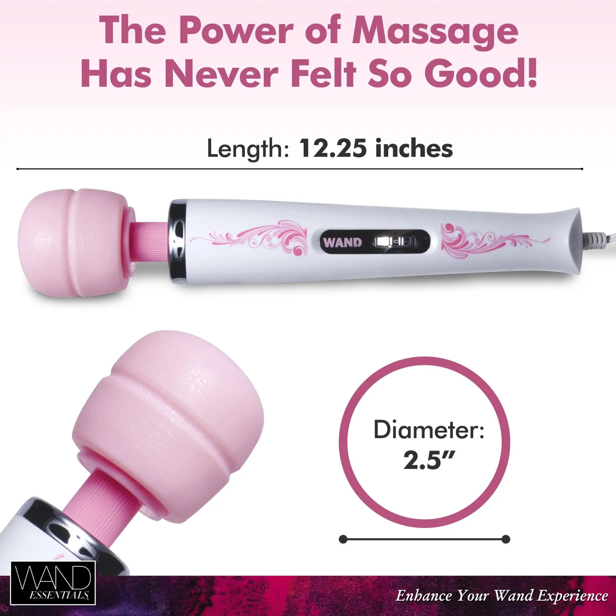 Wand Essentials The Trinity wand massager: white handle with pink floral accents and a soft pink silicone head.