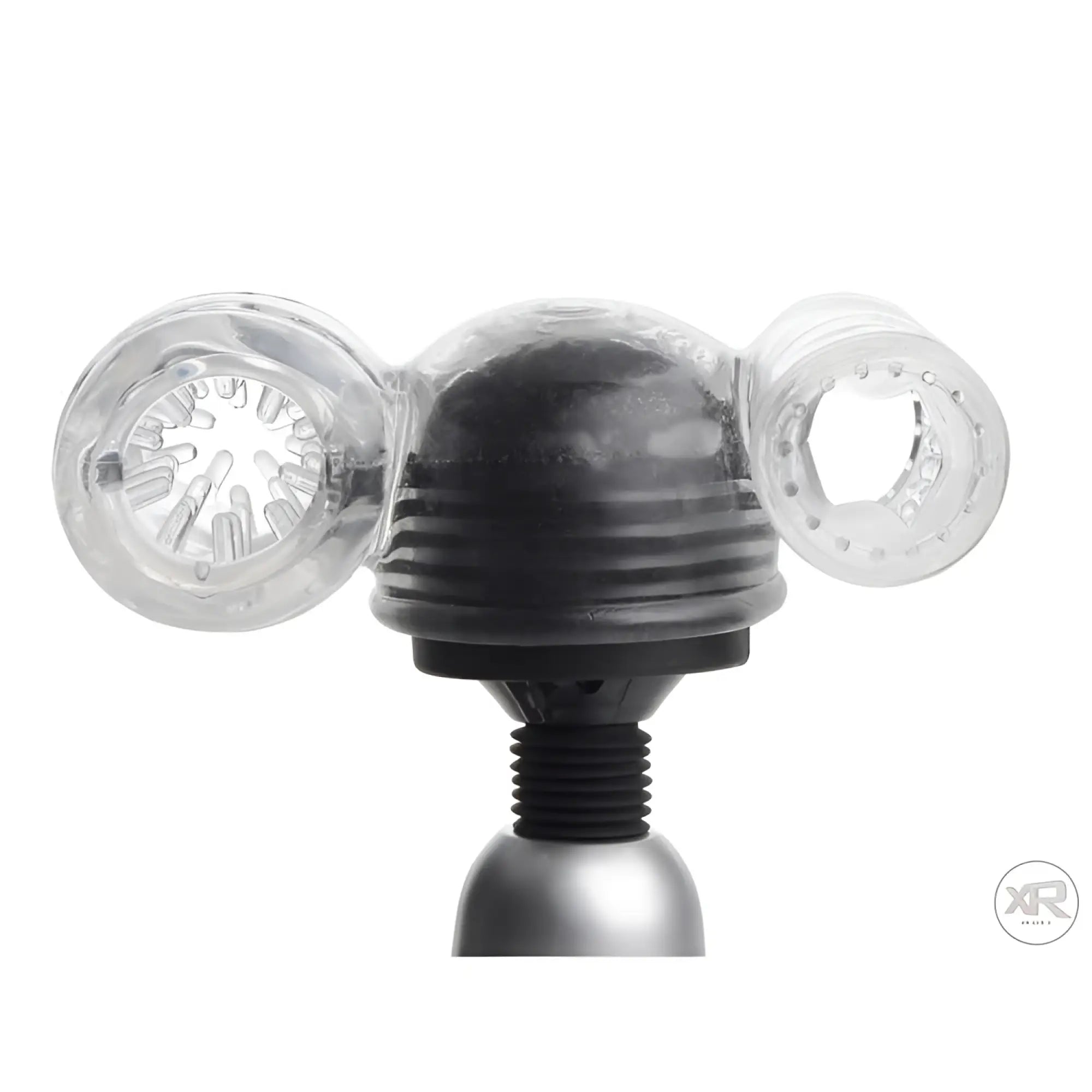 Wand Essentials Twin Turbo 2-in-1 clear, textured stroker attachment for a wand massager on a silver base.