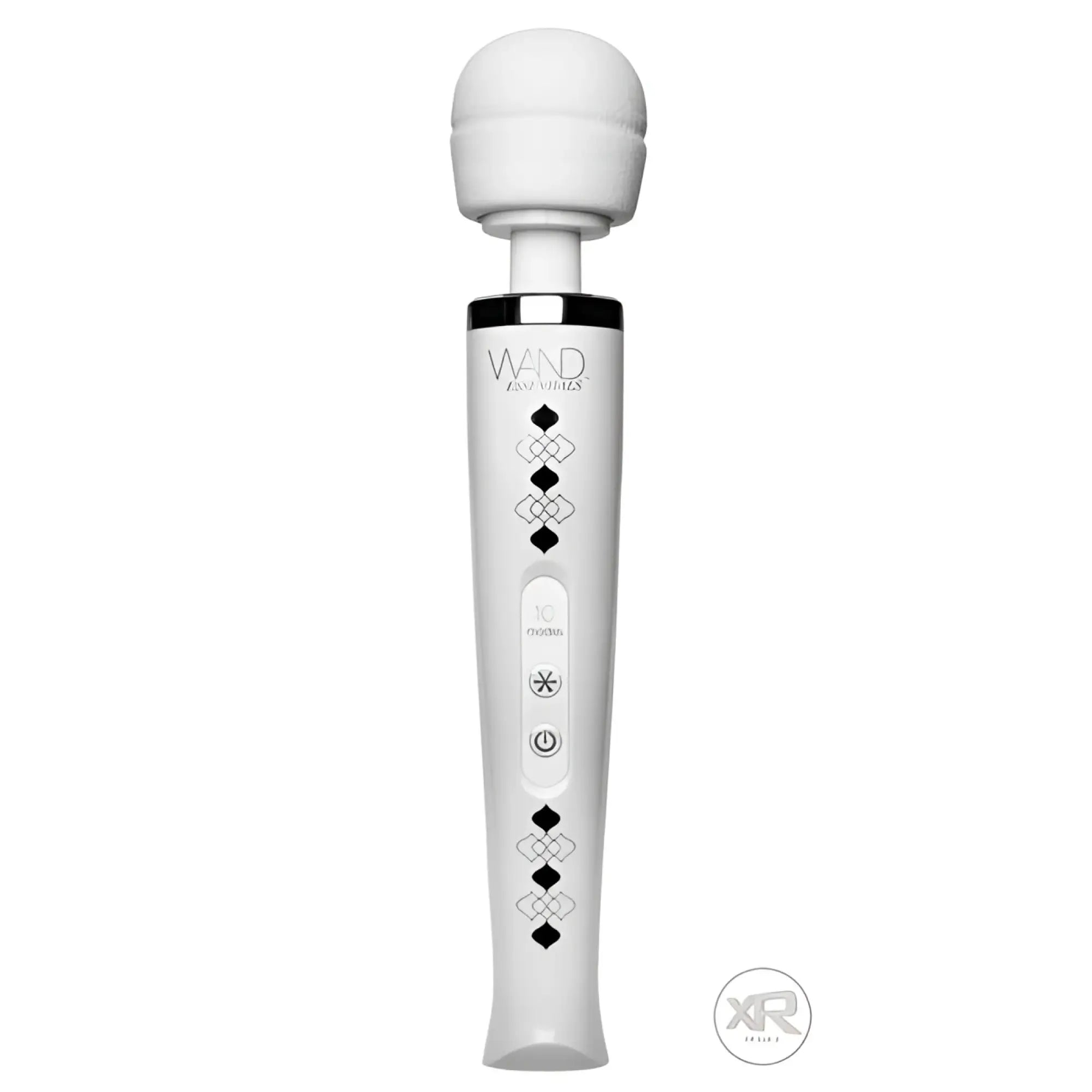 Wand Essentials Utopia white cordless wand massager with black decorative accents and button controls on a white handle.