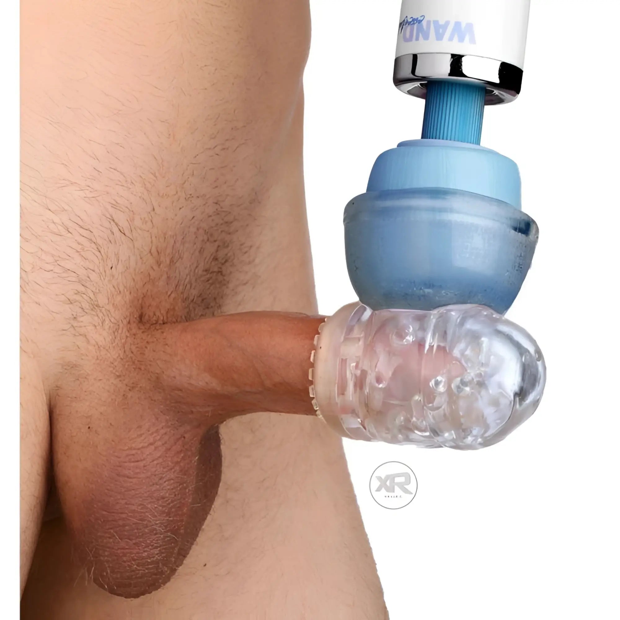 Wand Essentials Vibra Cup attachment, a blue suction cup accessory attached to a wand massager over a penis.
