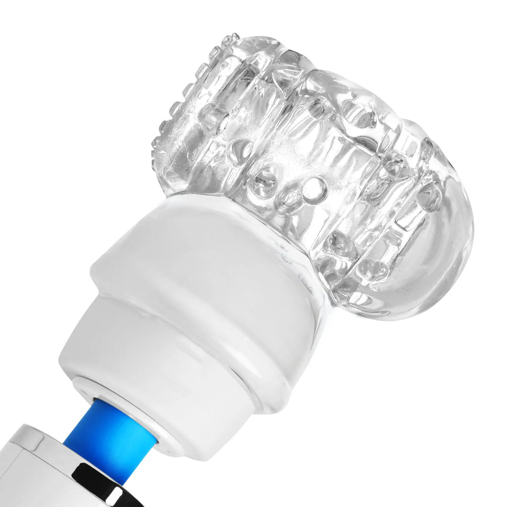 Wand Essentials Vibra Cup attachment featuring a clear, textured silicone cup on a white base and blue connector.