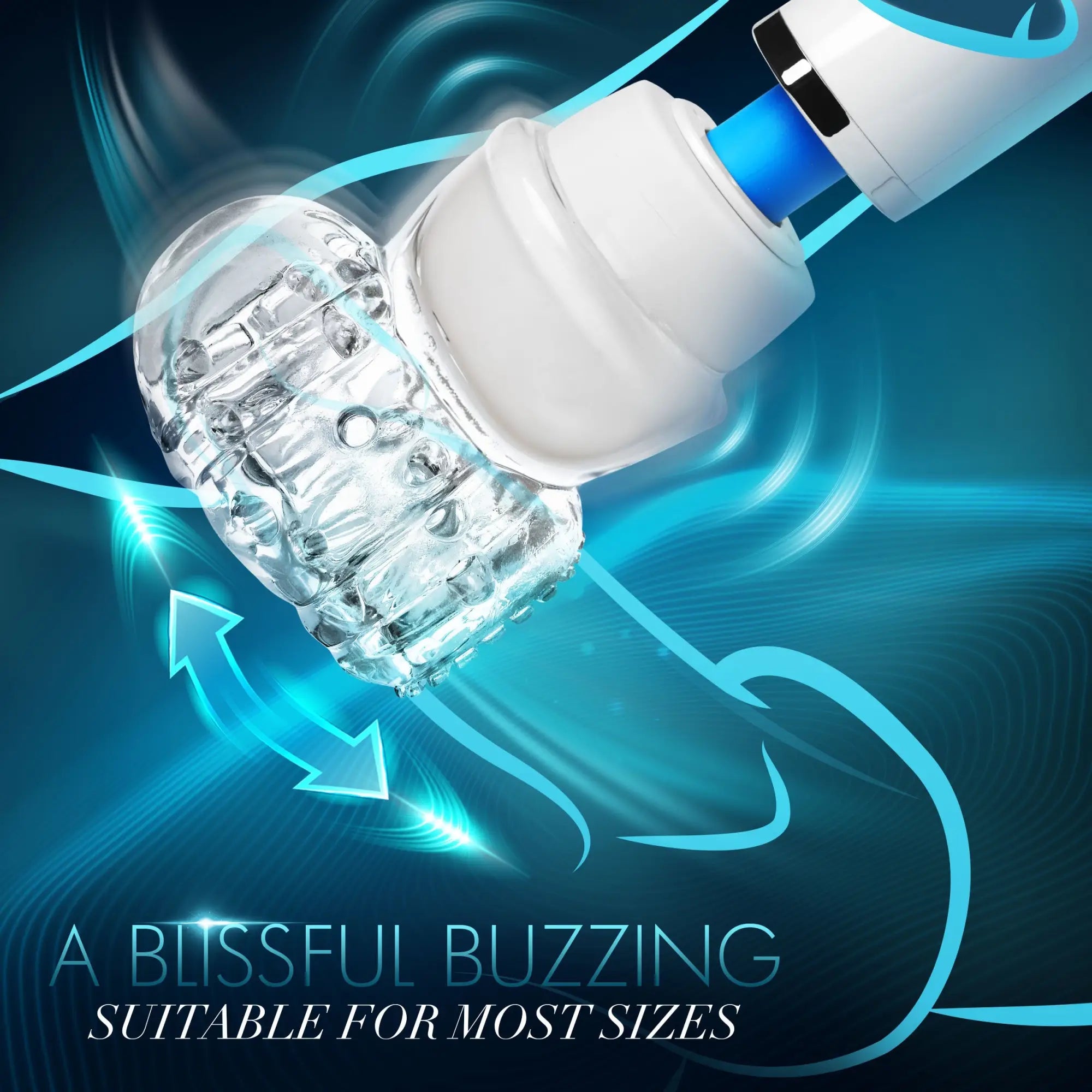 Wand Essentials Vibra Cup attachment in clear, textured silicone attached to a wand massager against a blue background.