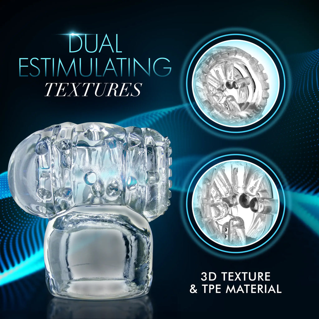 Wand Essentials Vibra Cup, a clear TPE wand attachment with textured interior details, shown against a blue background.