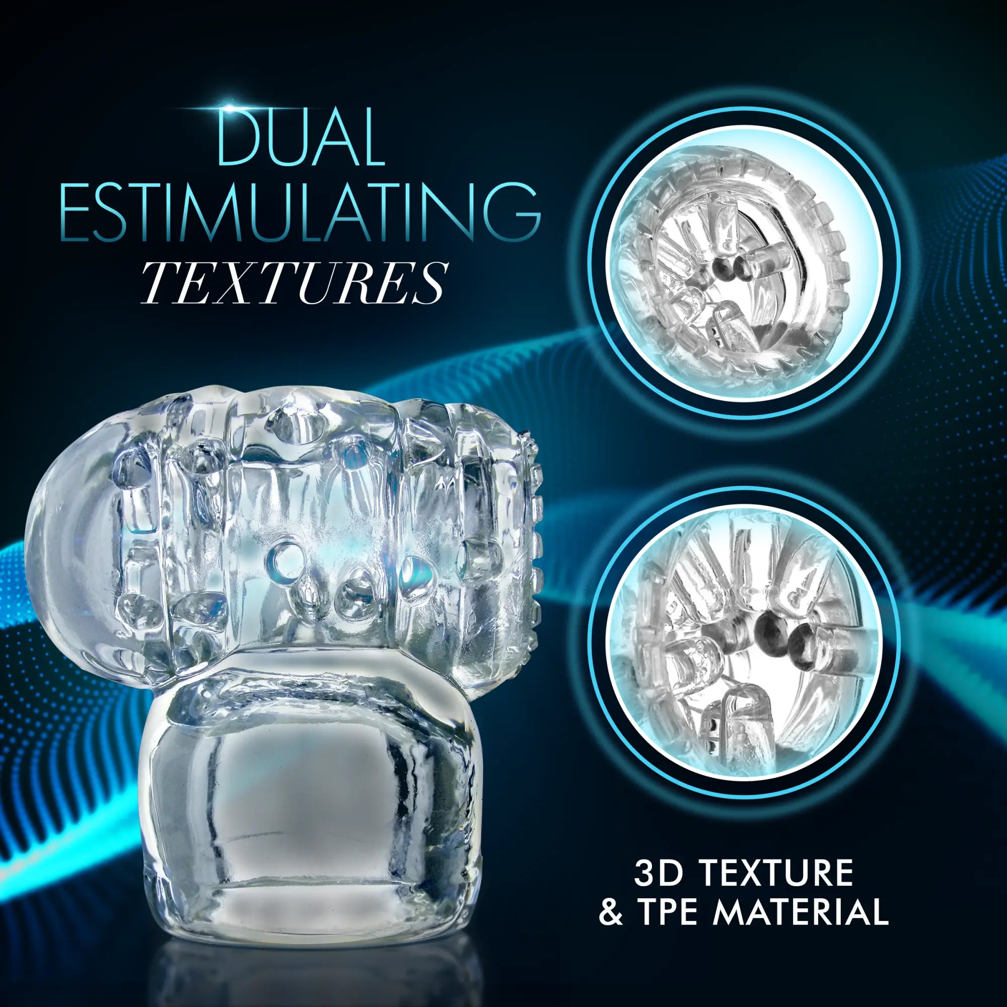 Wand Essentials Vibra Cup, a clear TPE wand attachment with textured interior details, shown against a blue background.