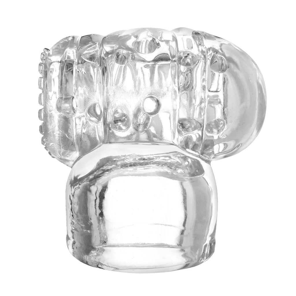 Clear silicone Wand Essentials Vibra Cup wand attachment with a textured, cupped top for stimulation.
