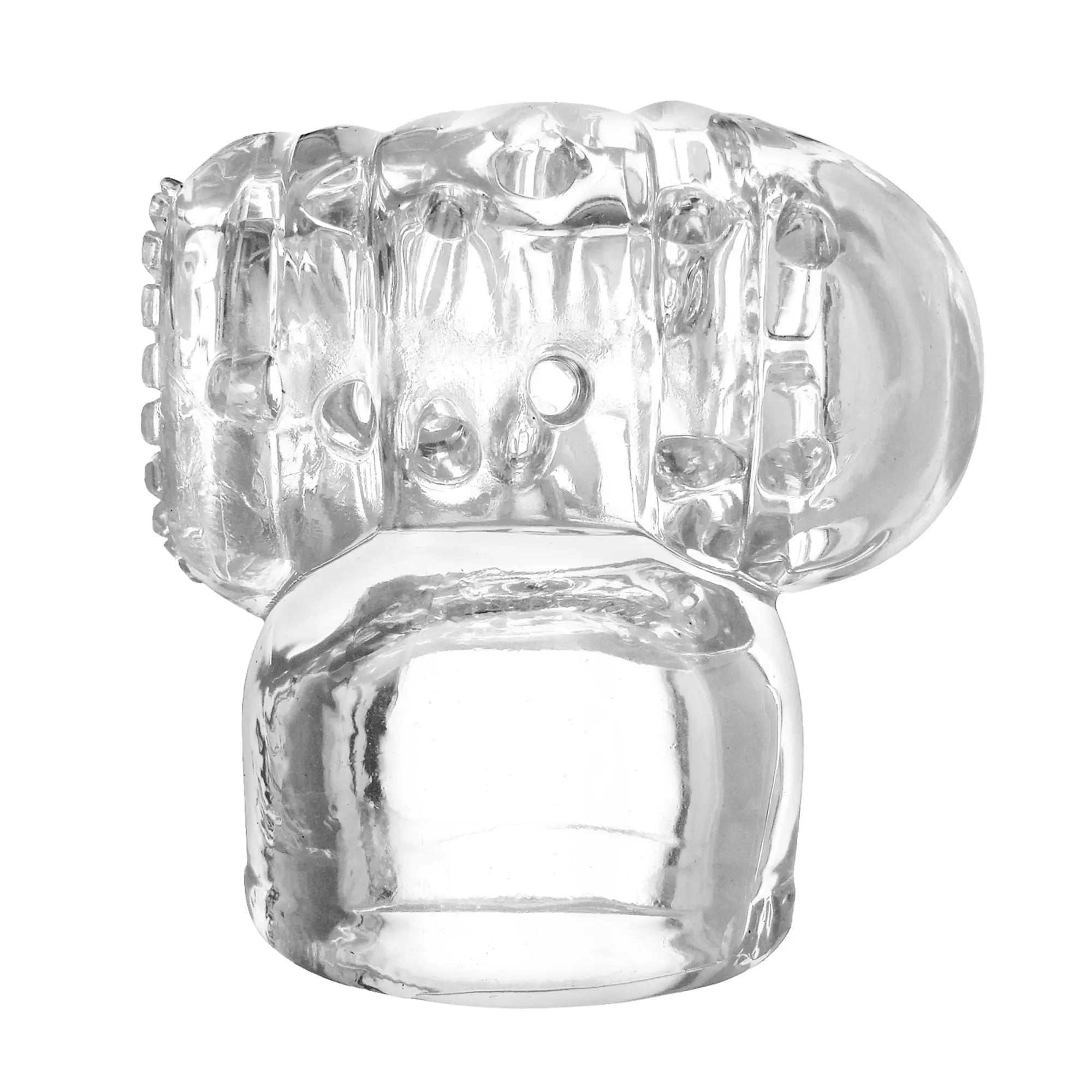 Clear silicone Wand Essentials Vibra Cup wand attachment with a textured, cupped top for stimulation.