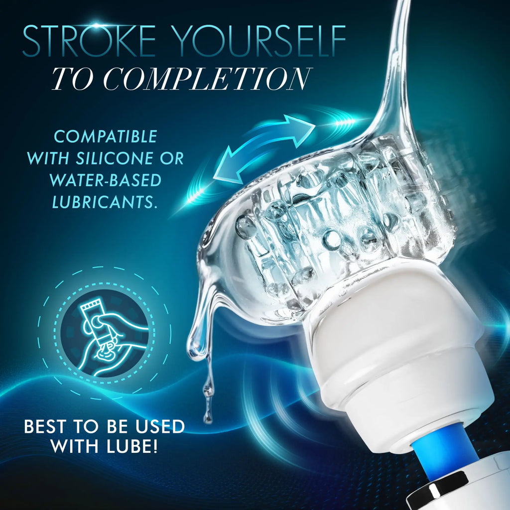 Wand Essentials Vibra Cup attachment: a textured, clear silicone cup on a white base, surrounded by blue light effects.