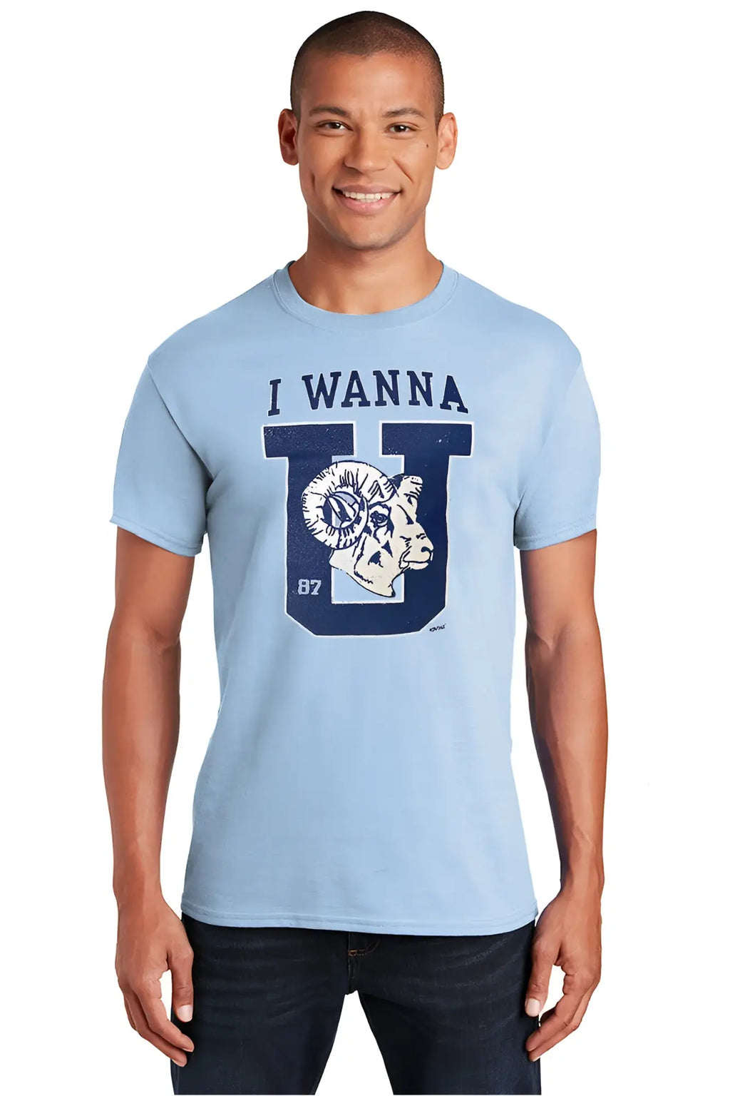 Light blue premium cotton t-shirt with navy graphic featuring i wanna text and ram head stylized u number 87 design