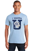 Light blue premium cotton t-shirt with navy graphic i wanna above stylized u ram head 87 design