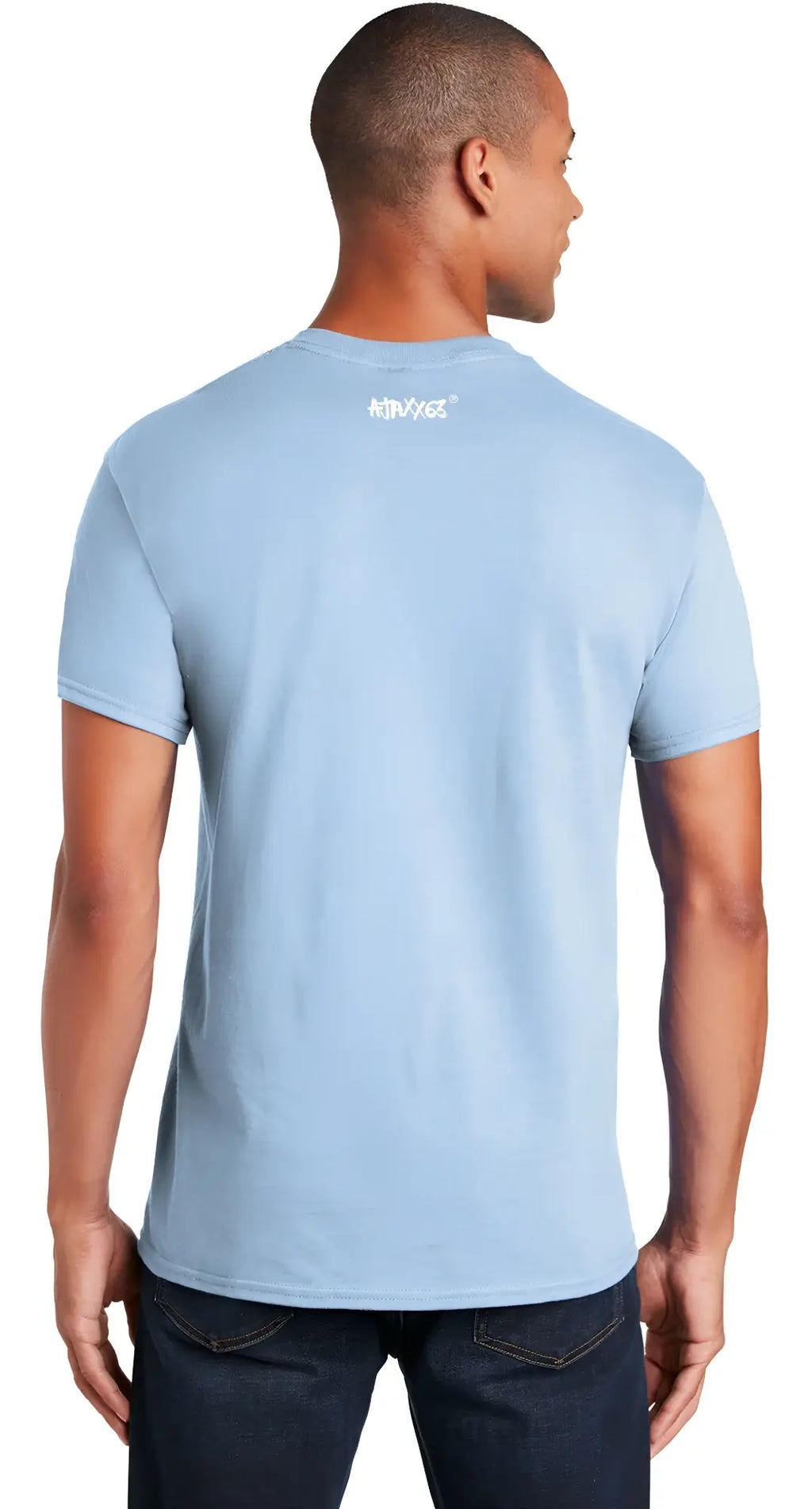 Light blue premium cotton t-shirt with a small white nirvan logo on the upper back shown from the back side