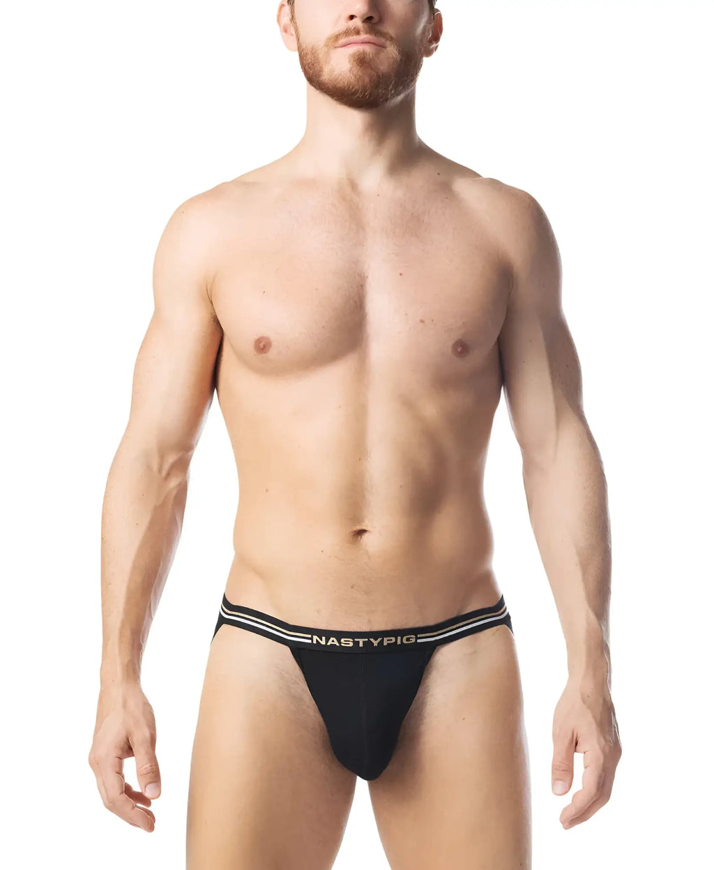 Black nastypig warm up jockstrap briefs with white striped trim designed for active support and comfort