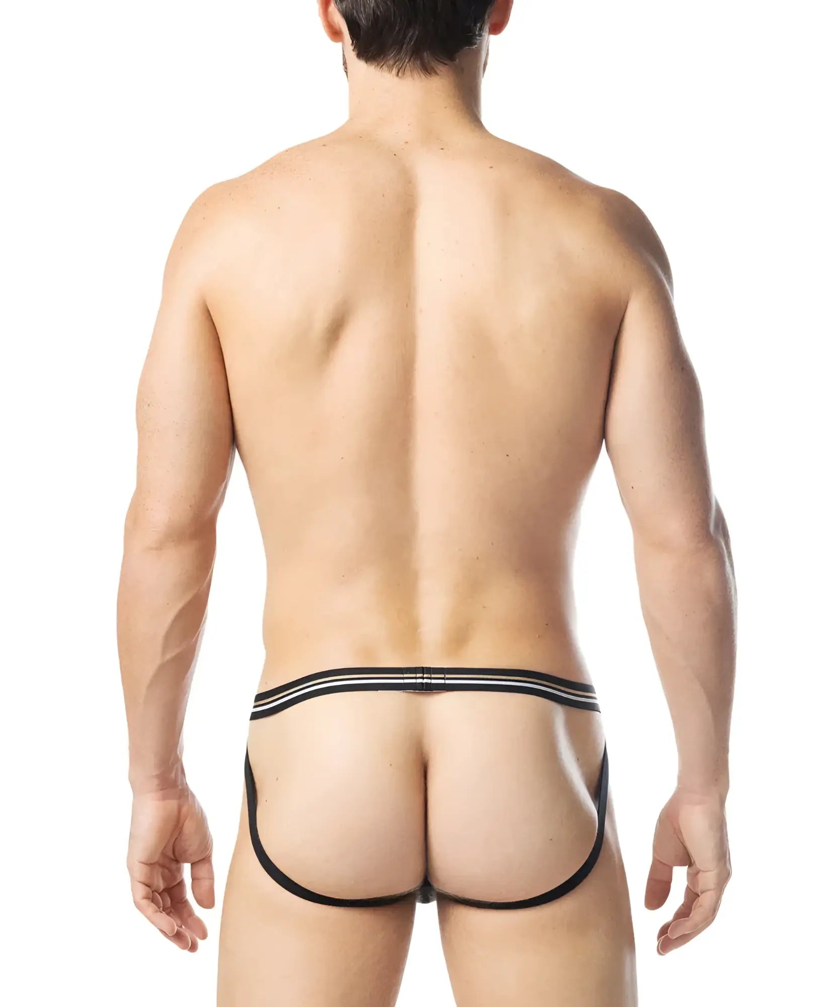 Black warm up jockstrap thong featuring two thin white stripes across the waistband shown from the back side