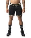 Warm up rugby short black athletic shorts with beige trim and drawstring waistband for comfortable training wear