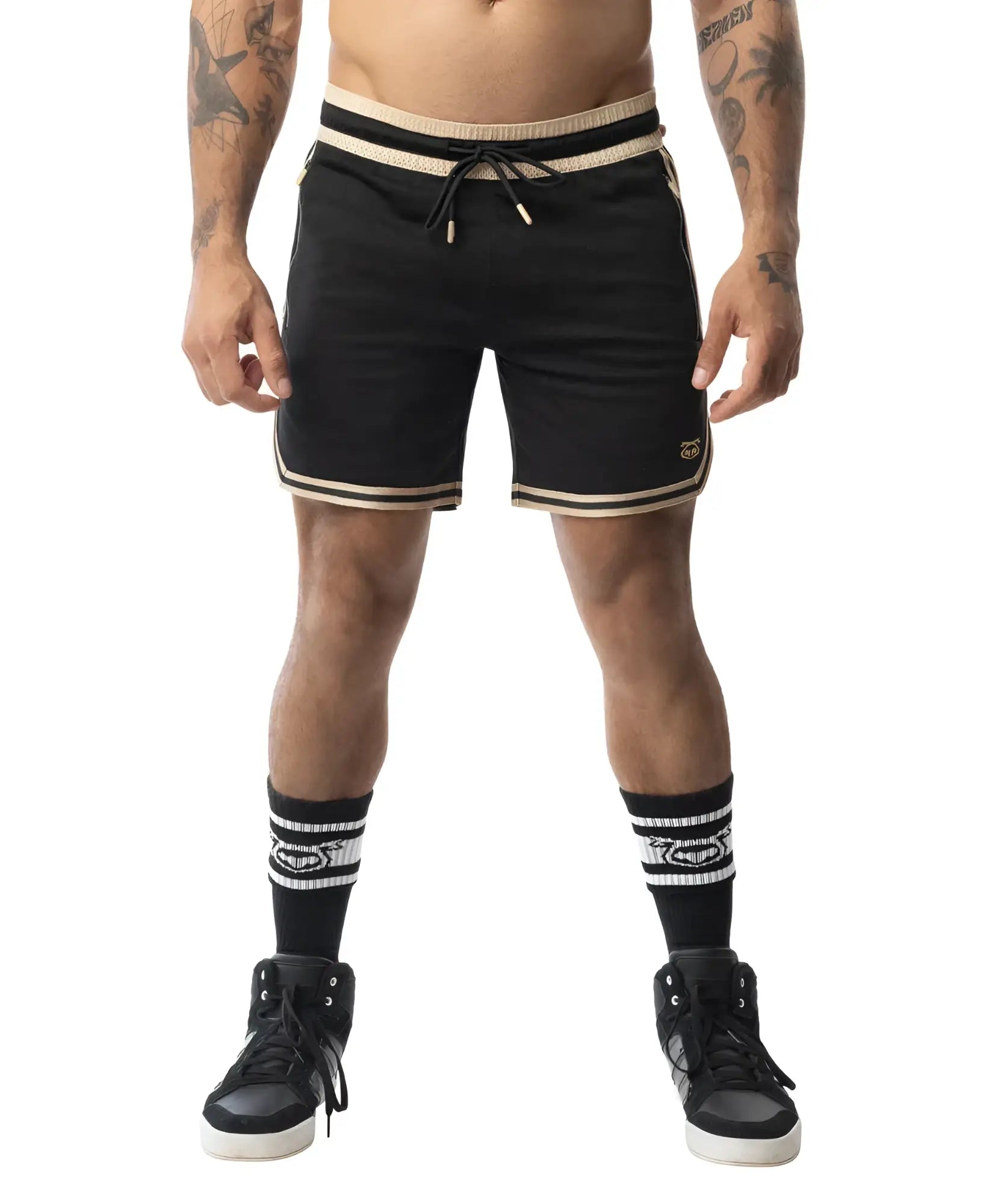 Warm up rugby short black athletic shorts with beige trim and drawstring waistband for comfortable training wear
