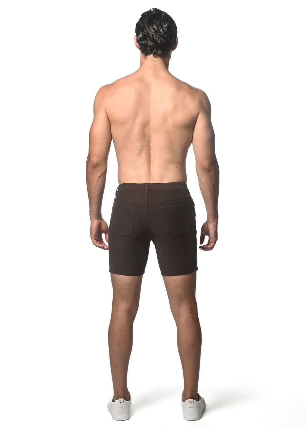 Dark brown washed denim stretch knit shorts with classic five-pocket design and belt loops