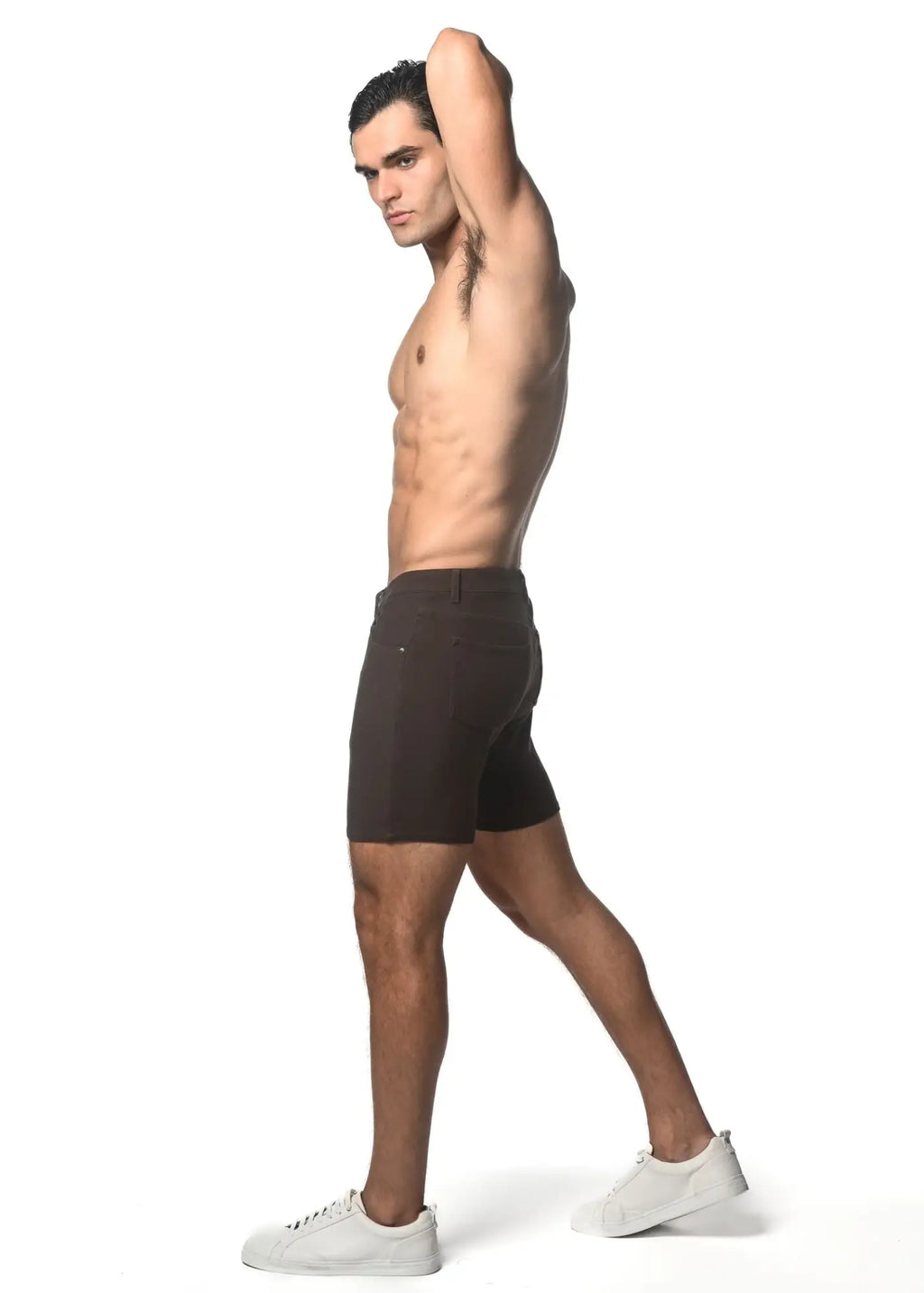 Dark brown washed denim stretch knit tailored shorts with a sleek modern design perfect for casual wear